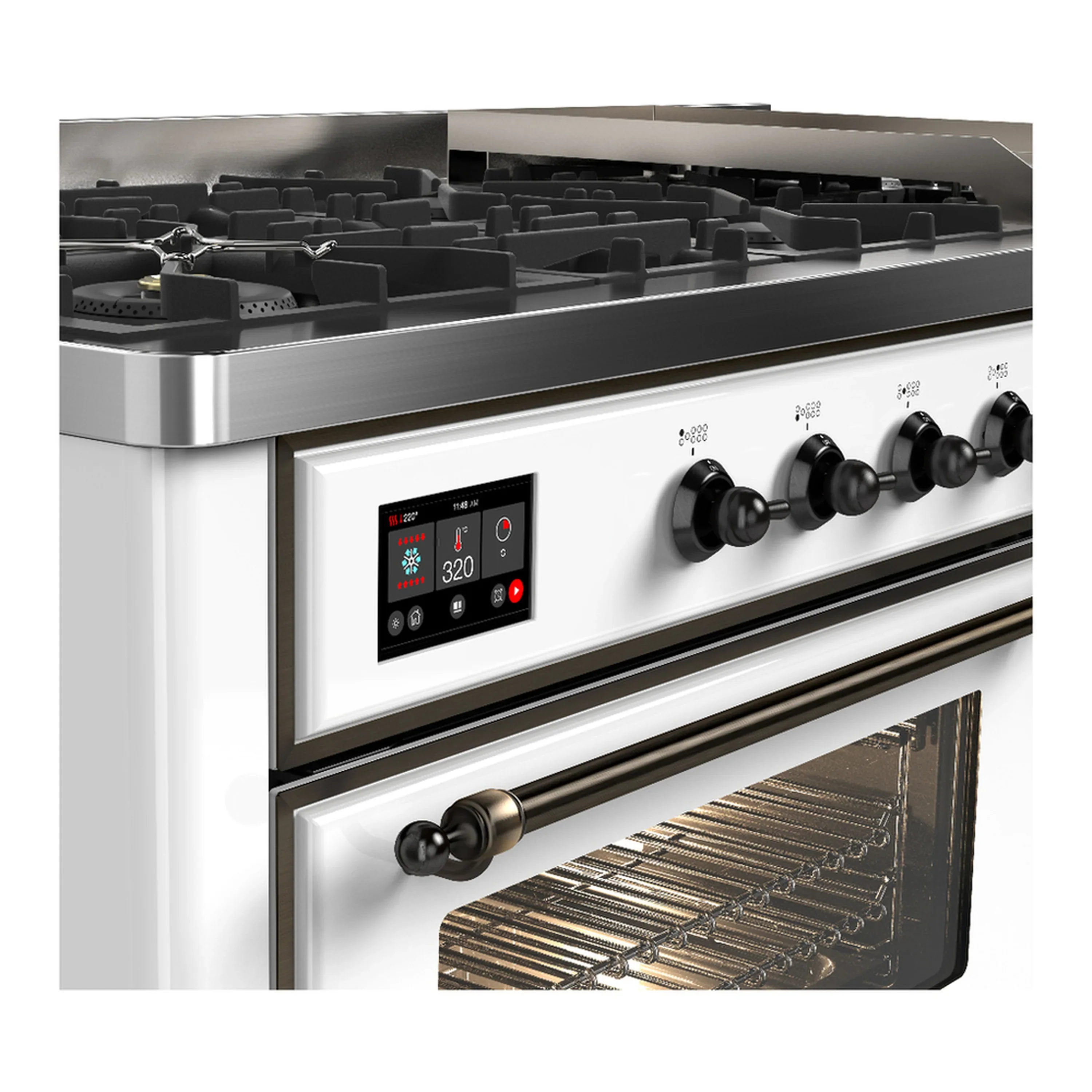 ILVE Majestic III 60-inch Dual Fuel Range with 7 Natural Gas Burner, Griddle and Triple Glass Door Electric Oven in White with Burnished Trim (UM60FNR3WHB) - Image 7