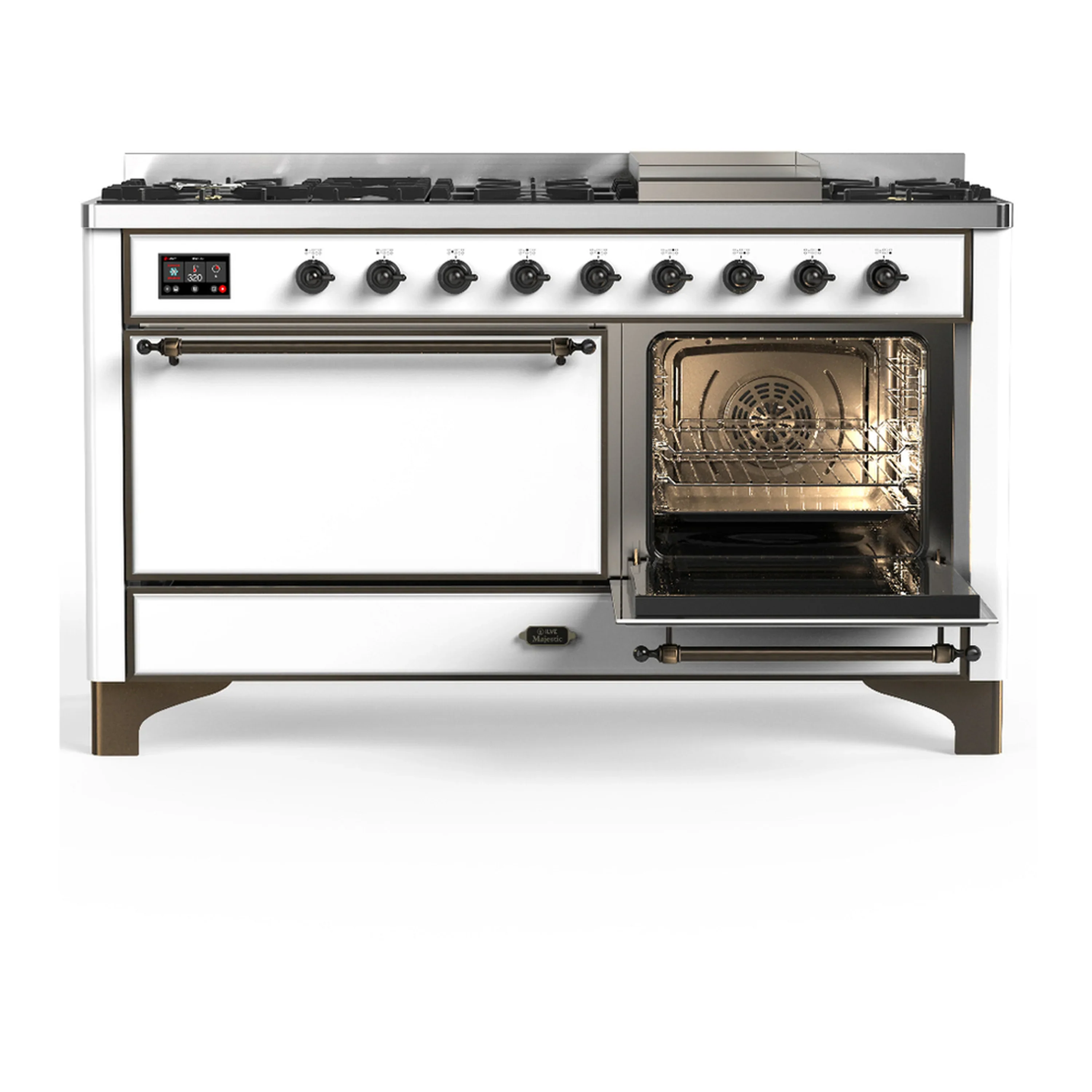 ILVE Majestic III 60-inch Dual Fuel Range with 7 Natural Gas Burner, Griddle and Solid Door Electric Oven in White with Burnished Trim (UM60FQNR3WHB) - Image 4
