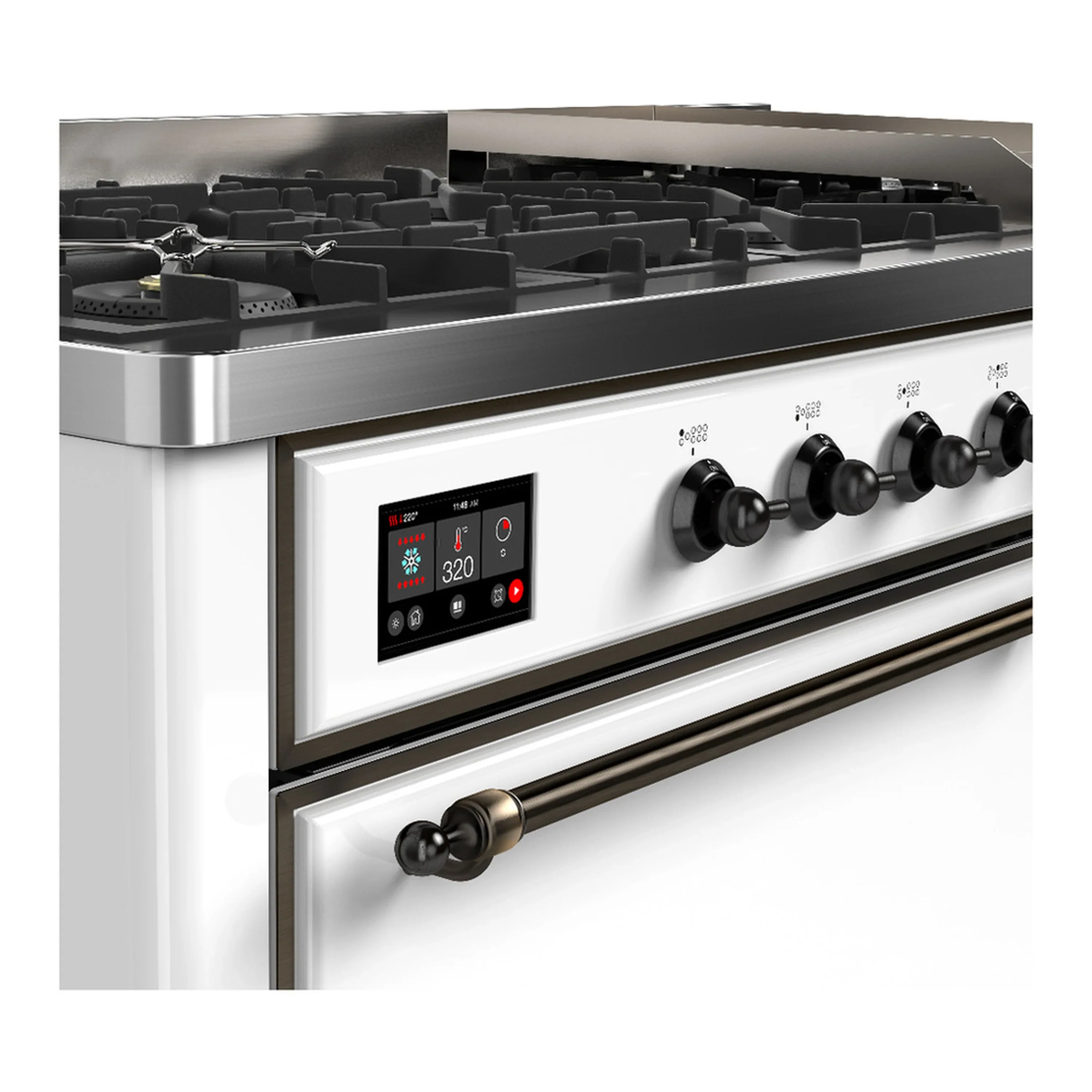 ILVE Majestic III 60-inch Dual Fuel Range with 7 Natural Gas Burner, Griddle and Solid Door Electric Oven in White with Burnished Trim (UM60FQNR3WHB) - Image 7