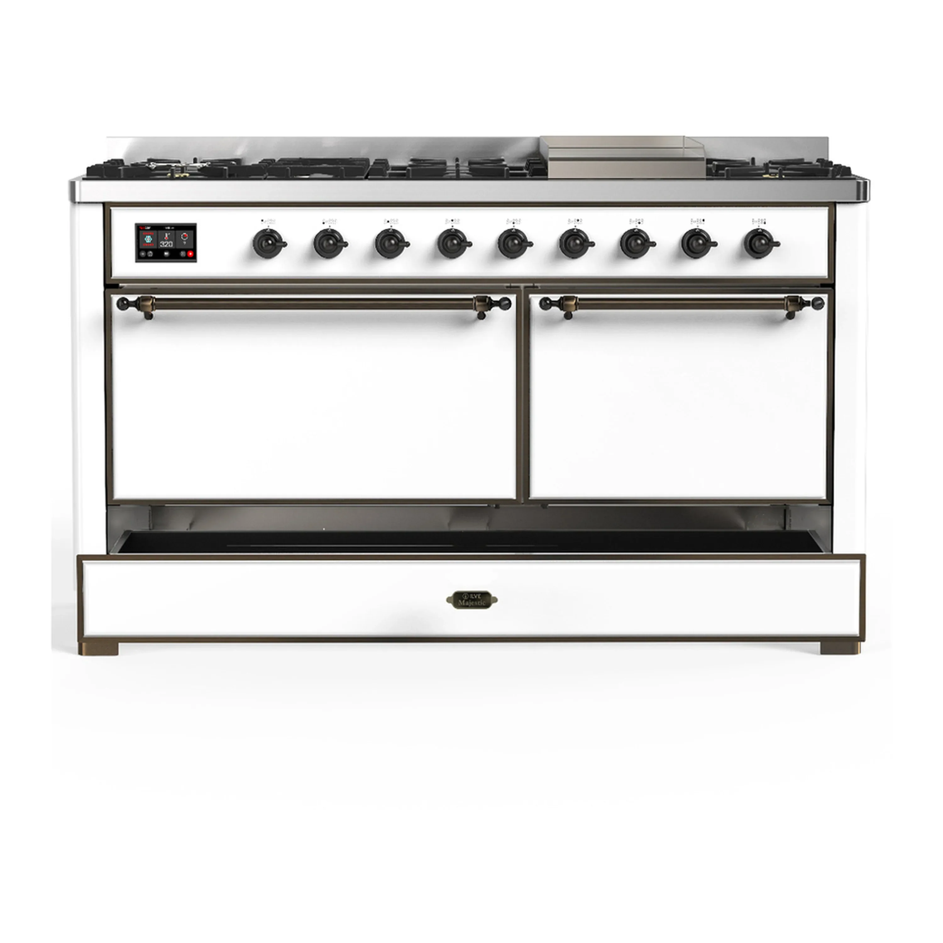 ILVE Majestic III 60-inch Dual Fuel Range with 5 Liquid Propane Burner, Griddle and Solid Door Electric Oven in White with Burnished Trim (UM60FQNR3WHBLP) - Image 3