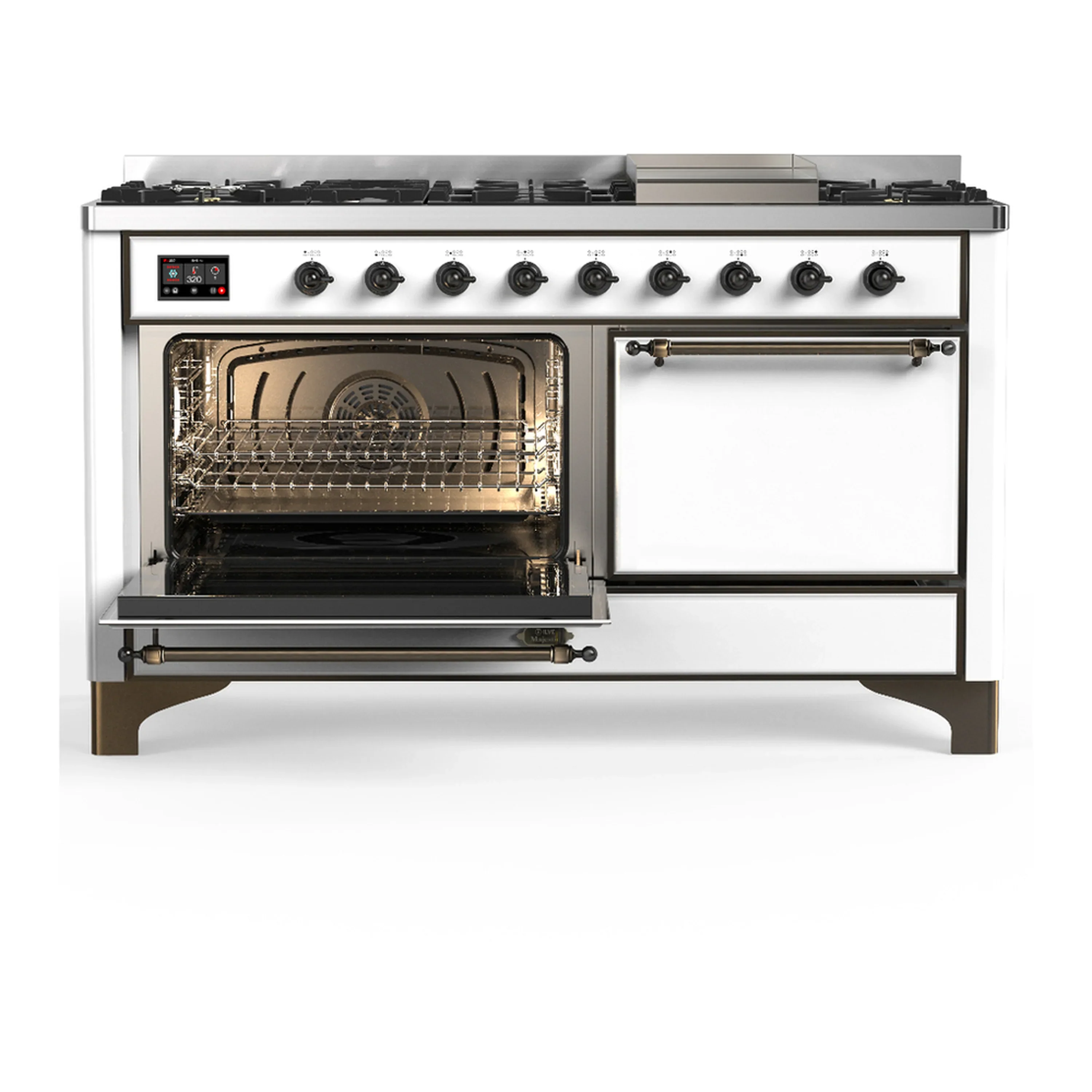 ILVE Majestic III 60-inch Dual Fuel Range with 5 Liquid Propane Burner, Griddle and Solid Door Electric Oven in White with Burnished Trim (UM60FQNR3WHBLP) - Image 5