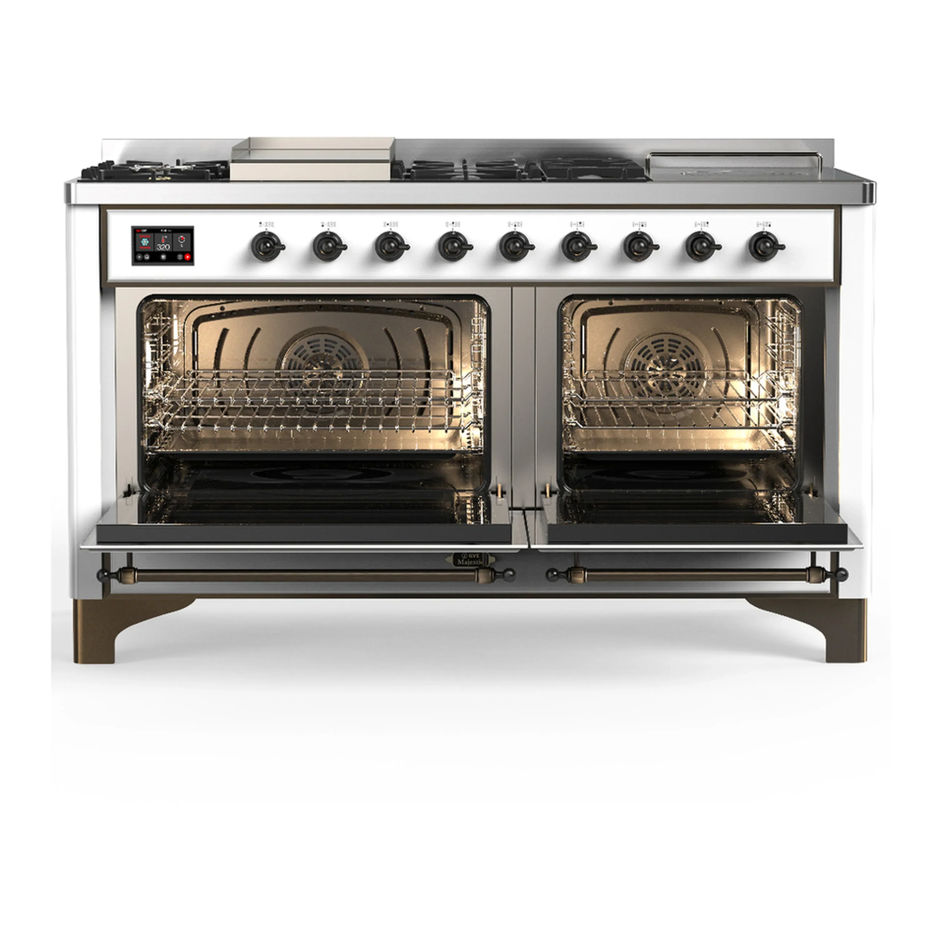 ILVE Majestic III 60-inch Dual Fuel Range with 7 Natural Gas Burner, Griddle, French Top and Triple Glass Door Electric Oven in White with Burnished Trim (UM60FSNR3WHB) - Image 6