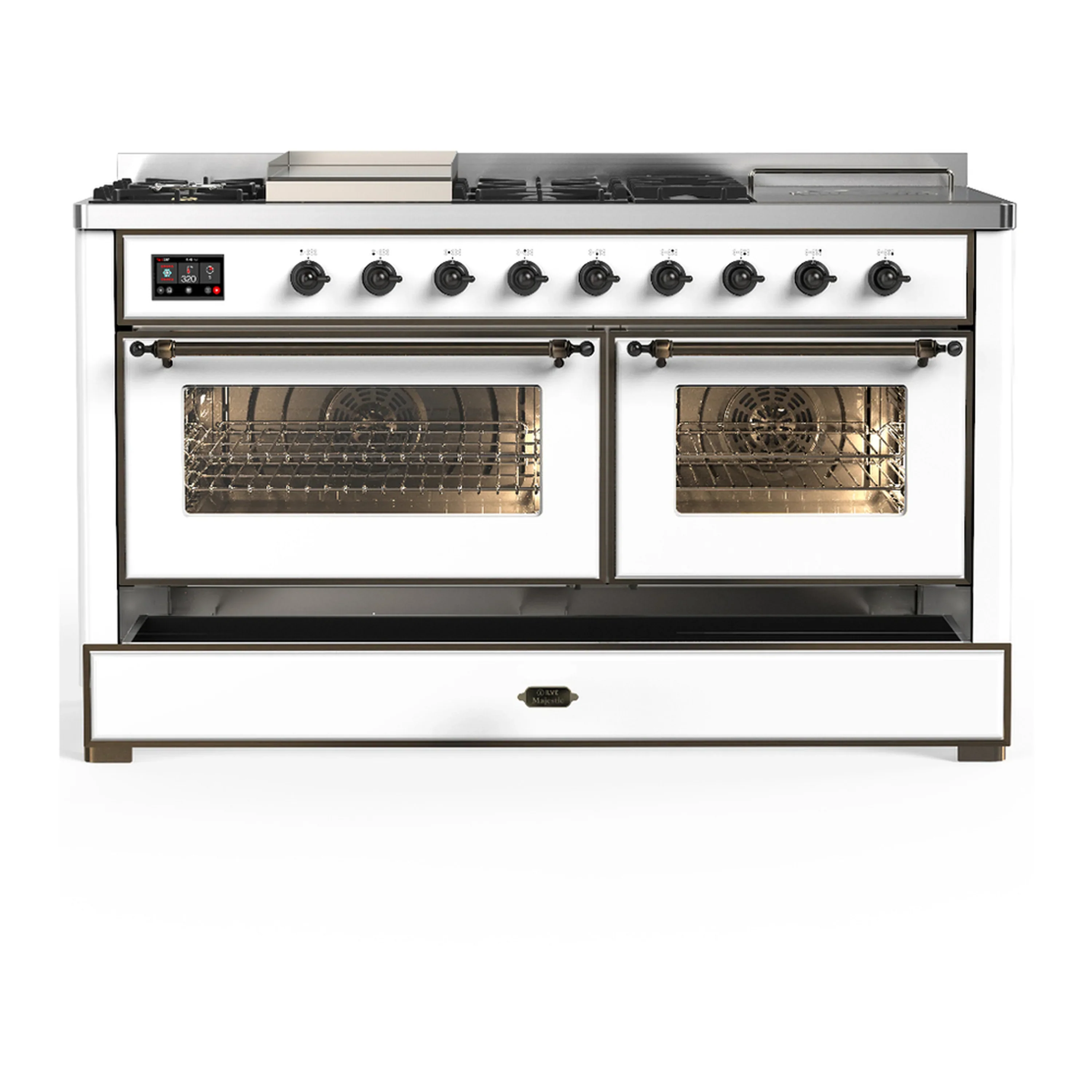 ILVE Majestic III 60-inch Dual Fuel Range with 5 Liquid Propane Burner, Griddle, French Top and Triple Glass Door Electric Oven in White with Burnished Trim (UM60FSNR3WHBLP) - Image 3