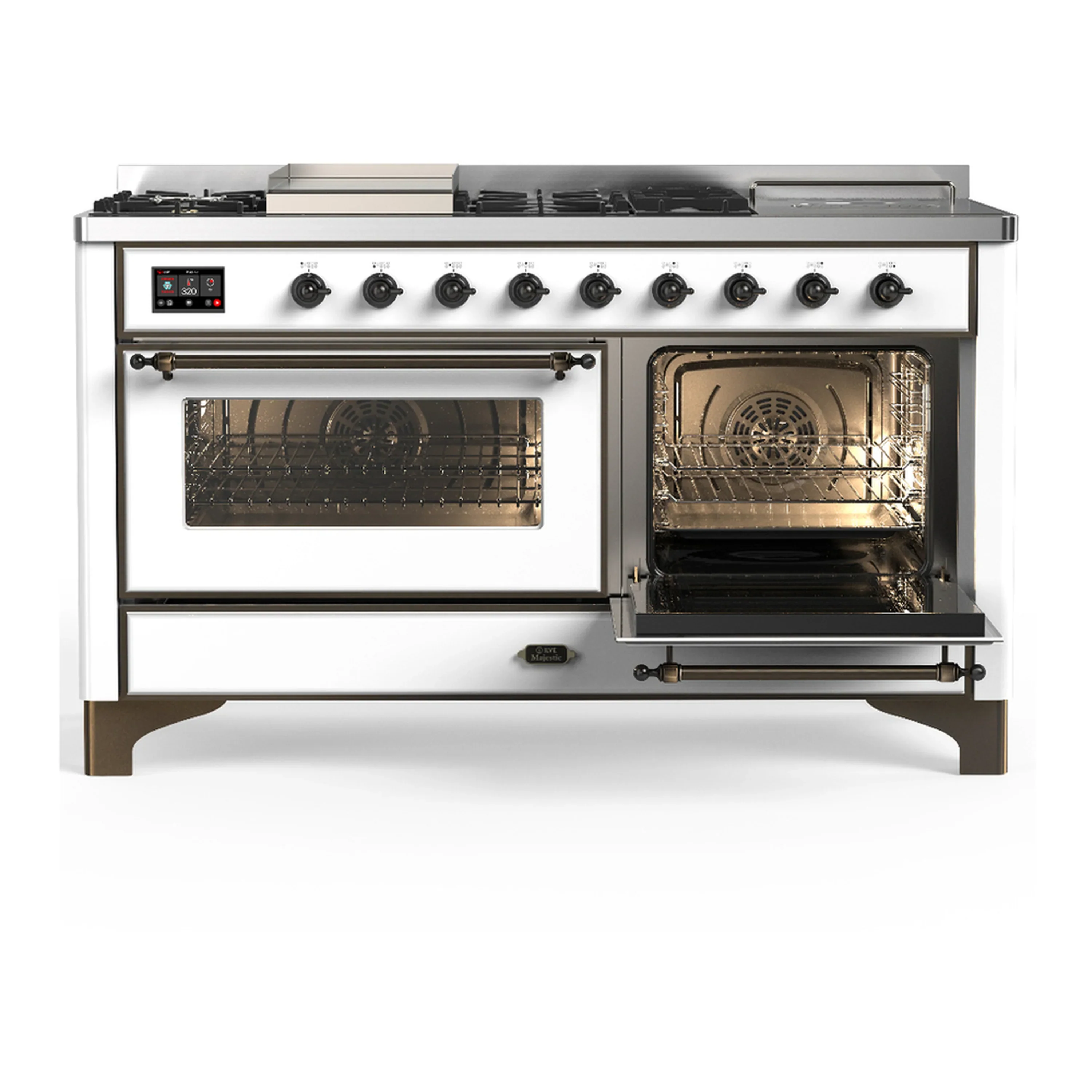 ILVE Majestic III 60-inch Dual Fuel Range with 5 Liquid Propane Burner, Griddle, French Top and Triple Glass Door Electric Oven in White with Burnished Trim (UM60FSNR3WHBLP) - Image 4