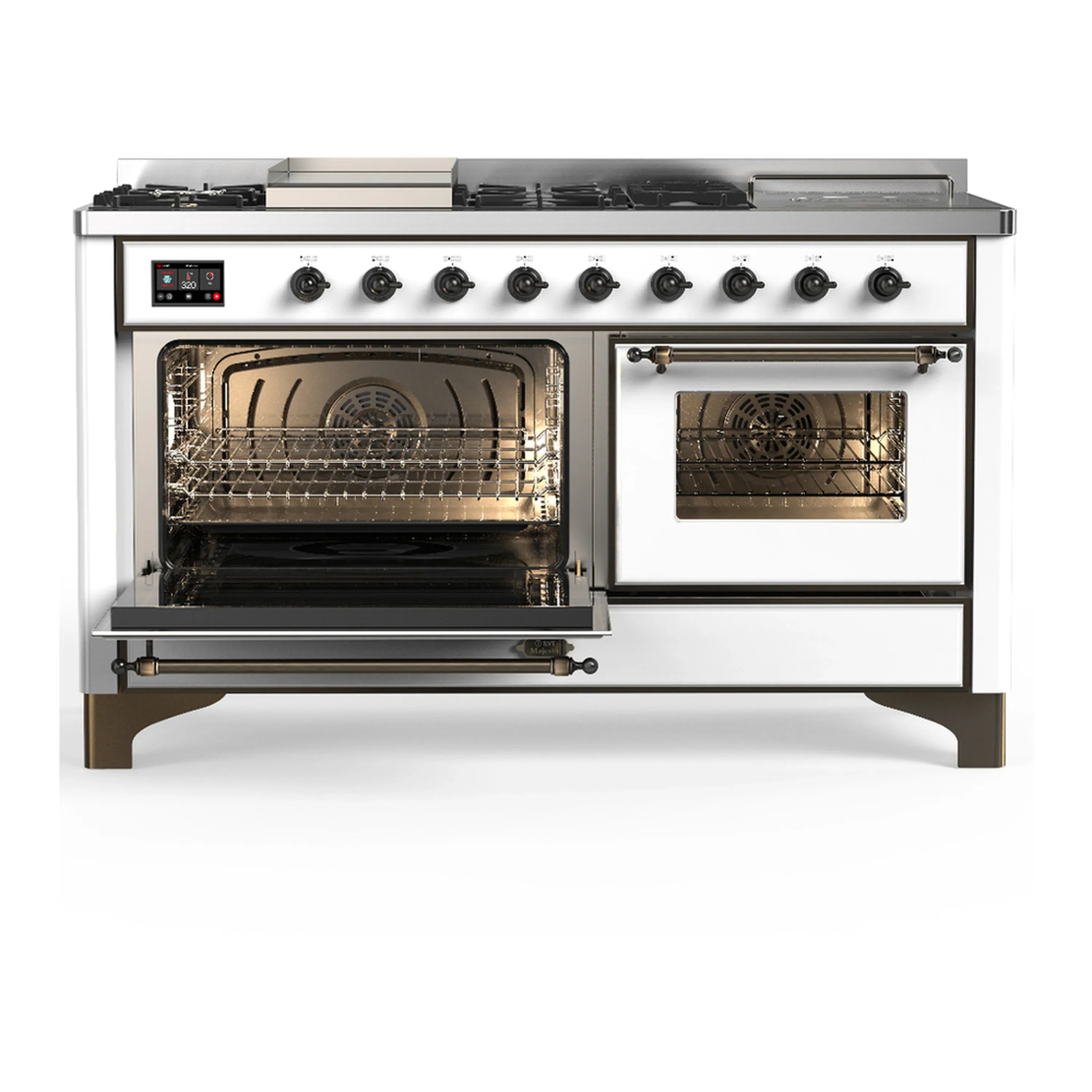 ILVE Majestic III 60-inch Dual Fuel Range with 5 Liquid Propane Burner, Griddle, French Top and Triple Glass Door Electric Oven in White with Burnished Trim (UM60FSNR3WHBLP) - Image 5