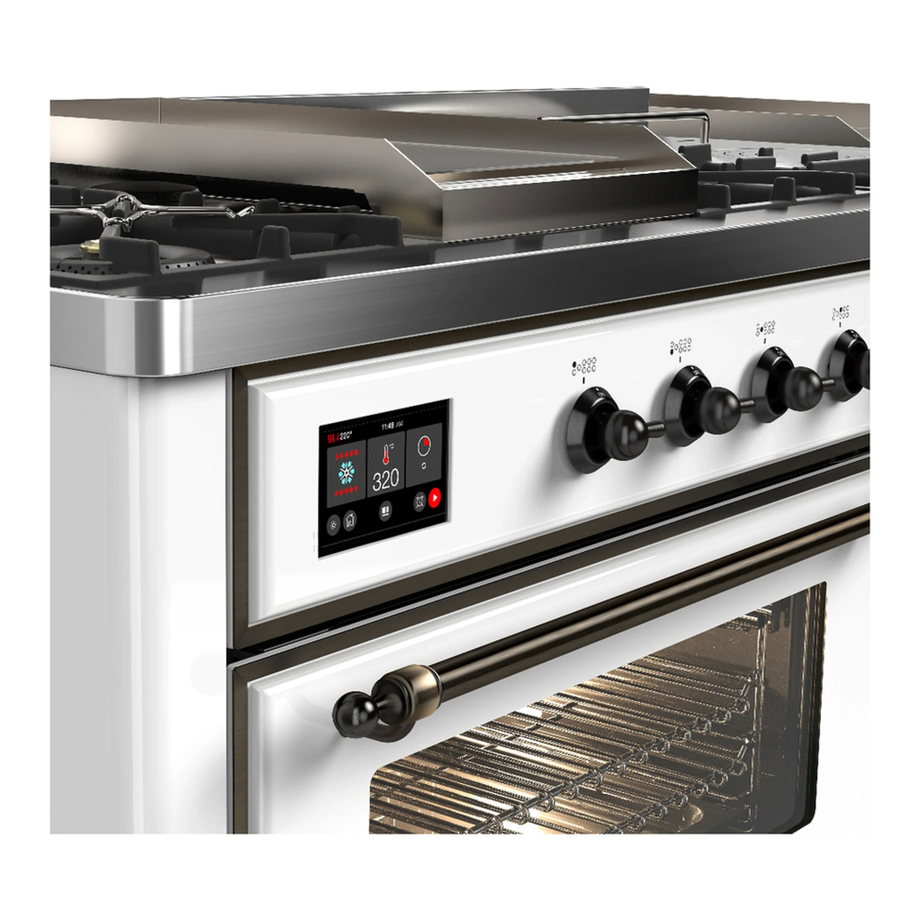 ILVE Majestic III 60-inch Dual Fuel Range with 5 Liquid Propane Burner, Griddle, French Top and Triple Glass Door Electric Oven in White with Burnished Trim (UM60FSNR3WHBLP) - Image 7