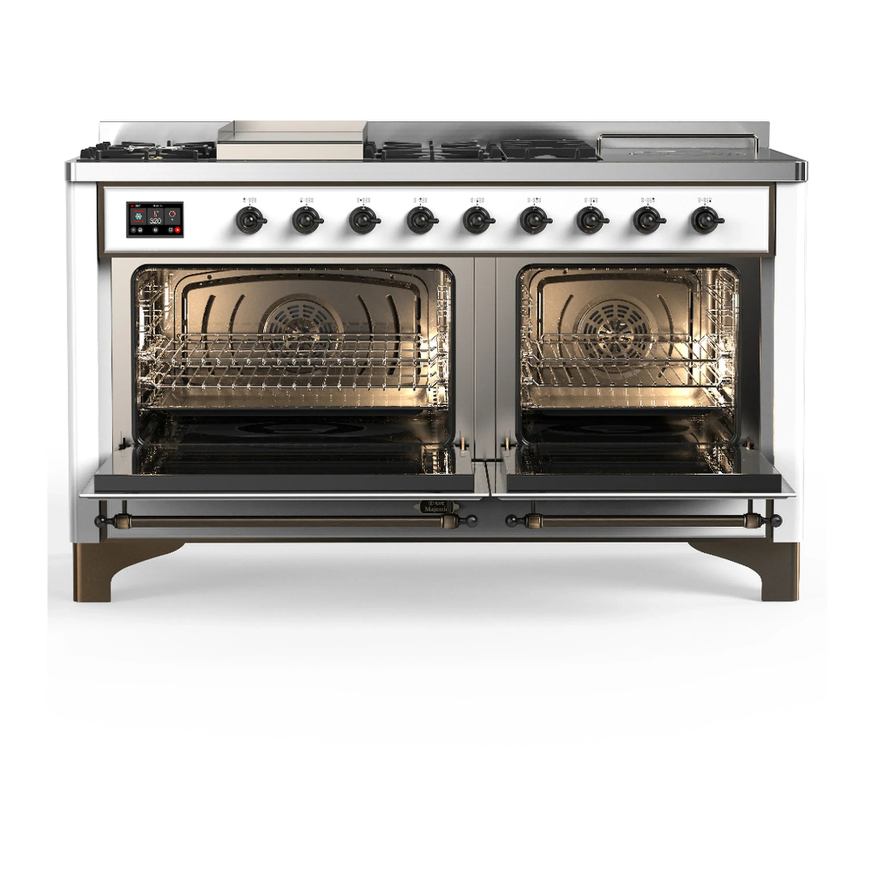 ILVE Majestic III 60-inch Dual Fuel Range with 7 Natural Gas Burner, Griddle, French Top and Solid Door Electric Oven in White with Burnished Trim (UM60FSQNR3WHB) - Image 6
