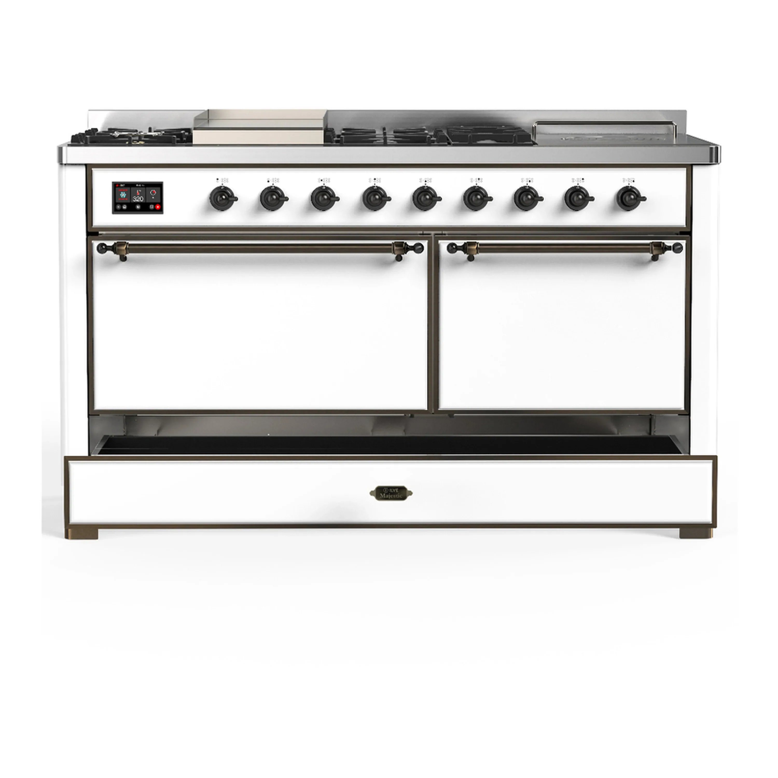 ILVE Majestic III 60-inch Dual Fuel Range with 5 Liquid Propane Burner, Griddle, French Top and Solid Door Electric Oven in White with Burnished Trim (UM60FSQNR3WHBLP) - Image 3