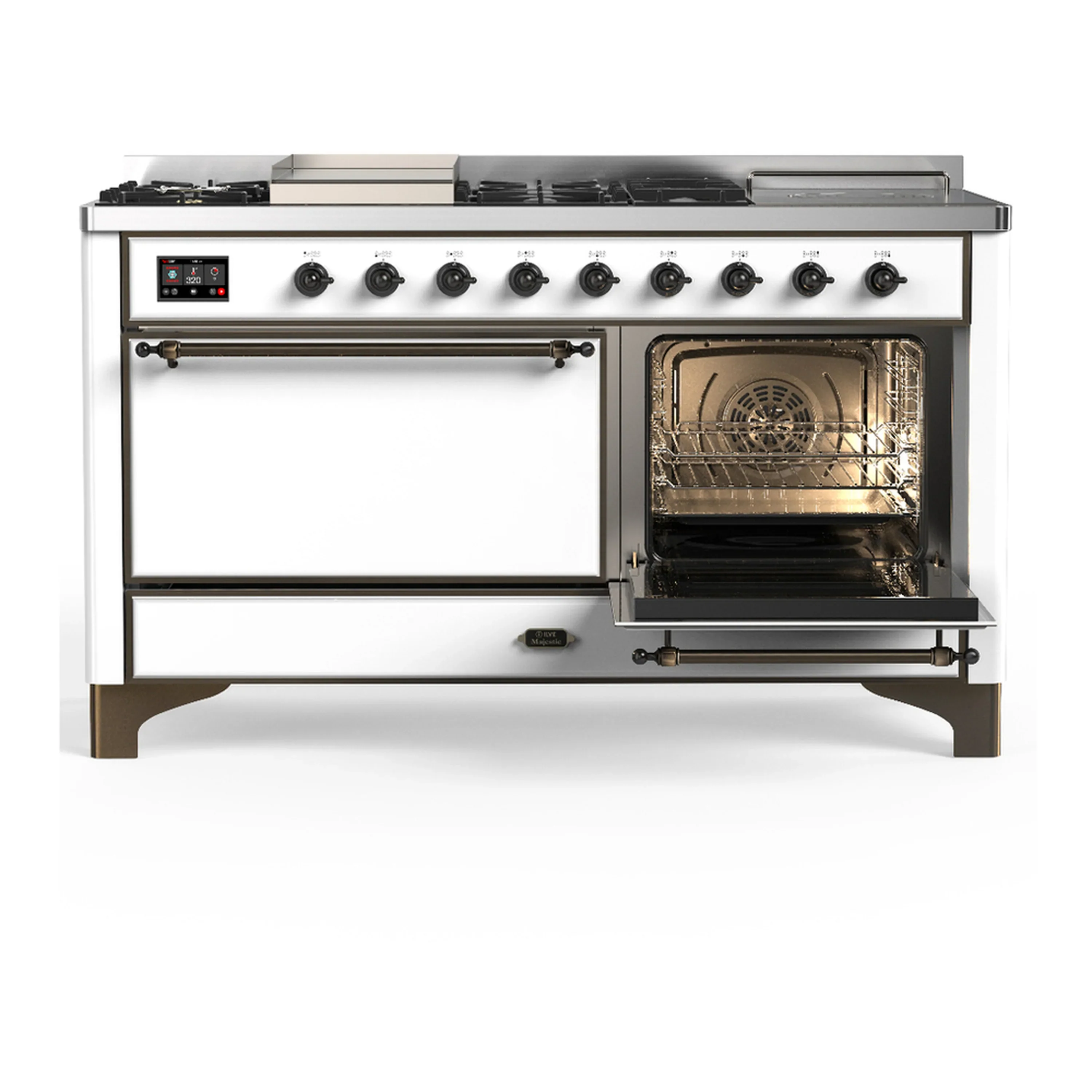 ILVE Majestic III 60-inch Dual Fuel Range with 5 Liquid Propane Burner, Griddle, French Top and Solid Door Electric Oven in White with Burnished Trim (UM60FSQNR3WHBLP) - Image 4
