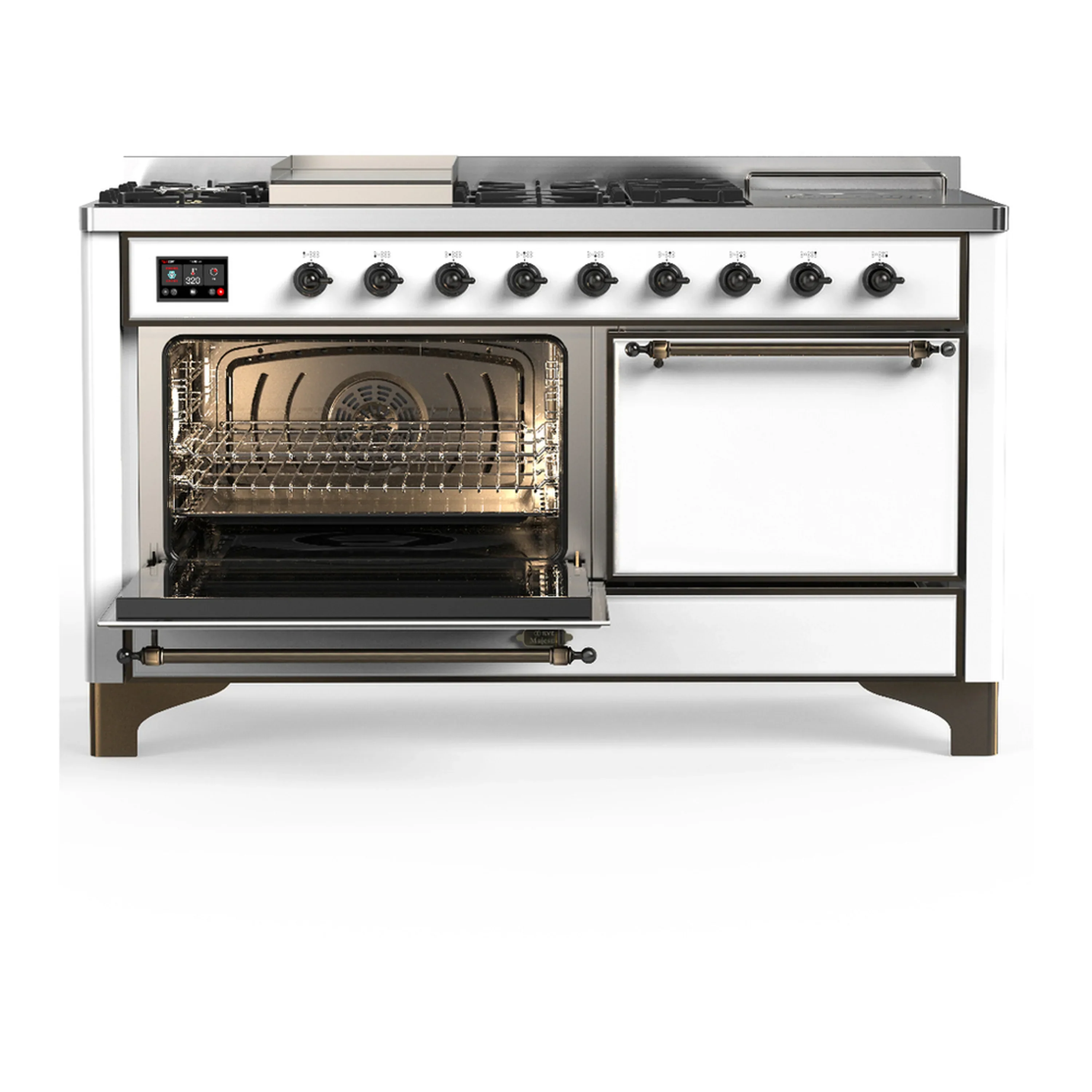 ILVE Majestic III 60-inch Dual Fuel Range with 5 Liquid Propane Burner, Griddle, French Top and Solid Door Electric Oven in White with Burnished Trim (UM60FSQNR3WHBLP) - Image 5