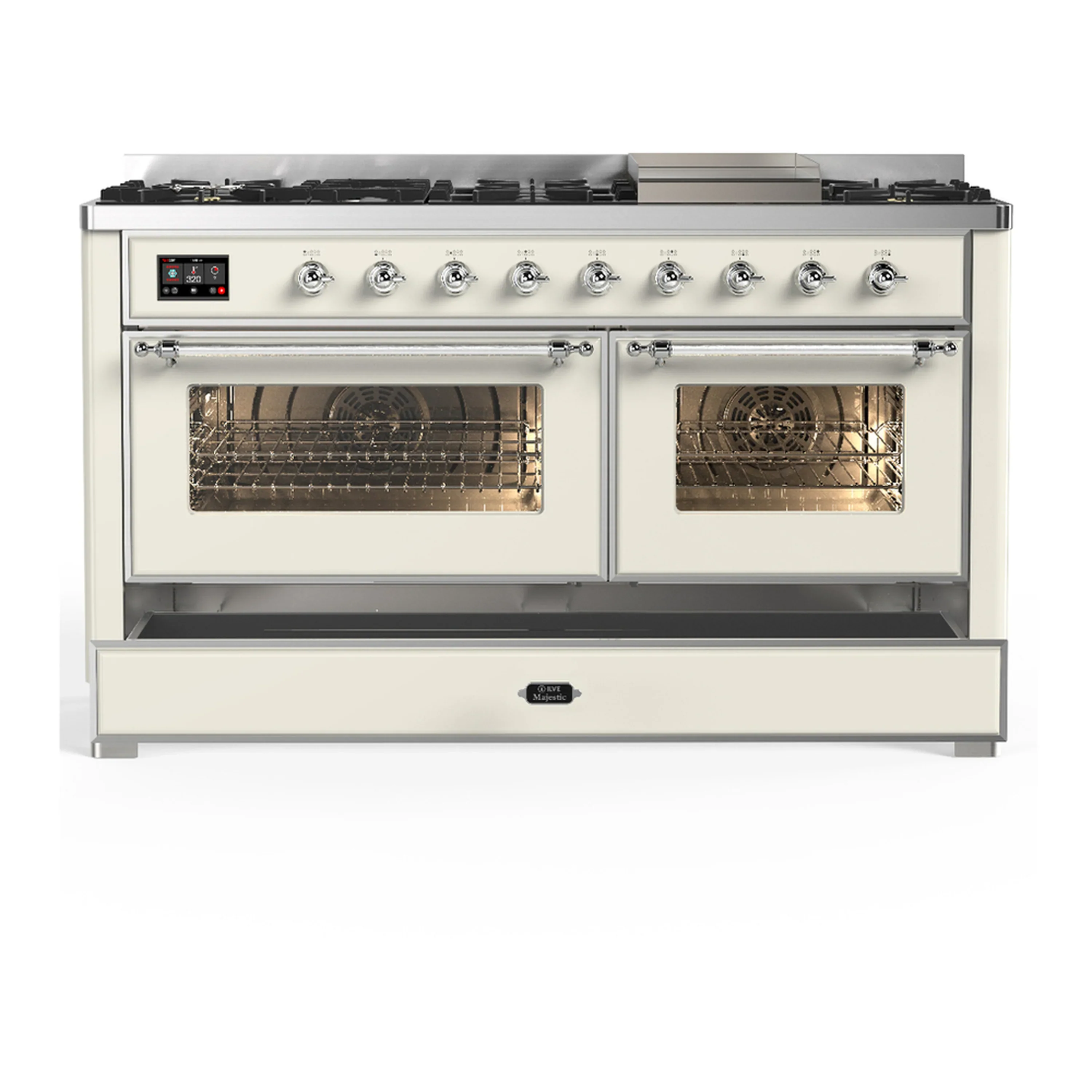 ILVE Majestic III 60-inch Dual Fuel Range with 7 Natural Gas Burner, Griddle and Triple Glass Door Electric Oven in Antique White with Chrome Trim (UM60FNR3AWC) - Image 3