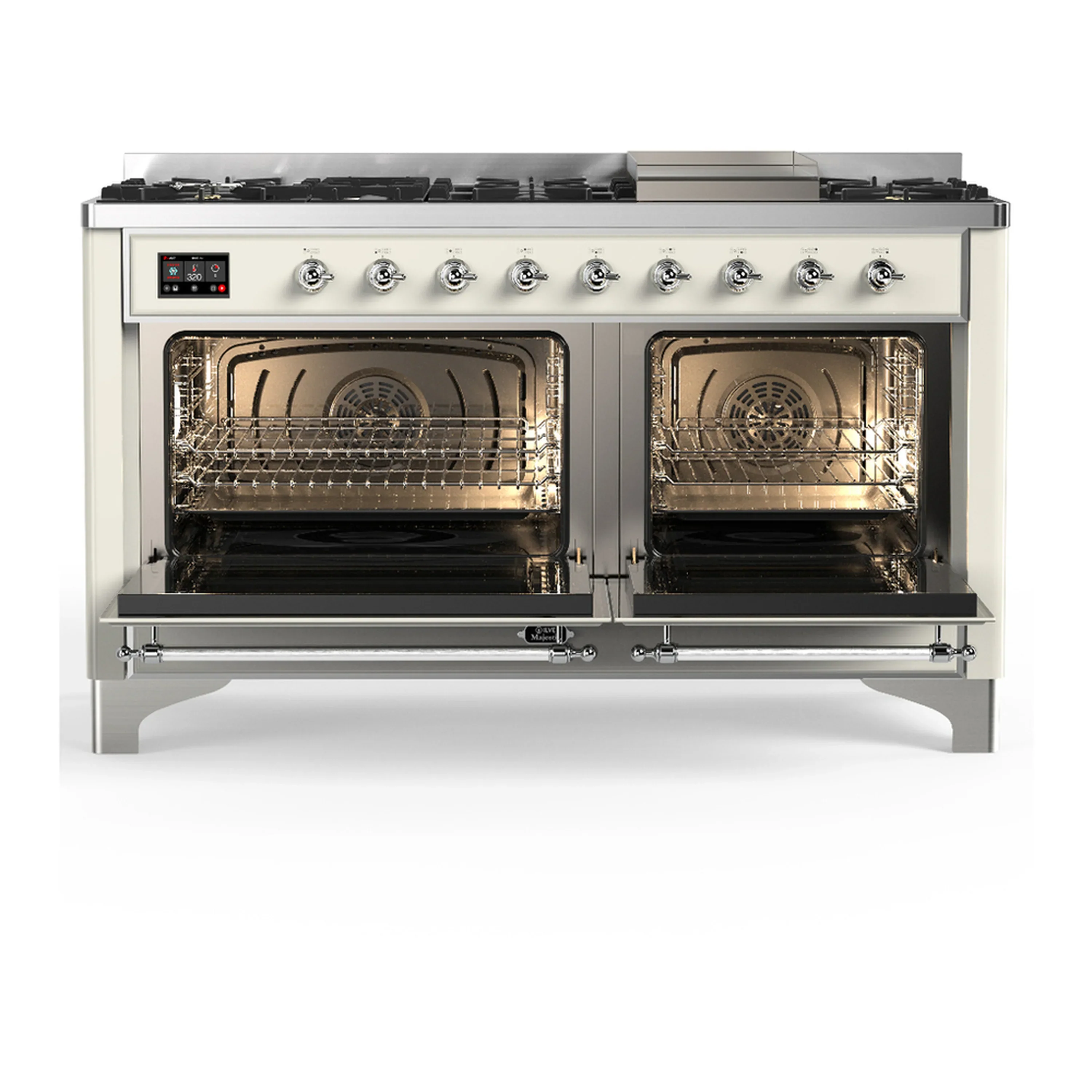 ILVE Majestic III 60-inch Dual Fuel Range with 7 Natural Gas Burner, Griddle and Triple Glass Door Electric Oven in Antique White with Chrome Trim (UM60FNR3AWC) - Image 6