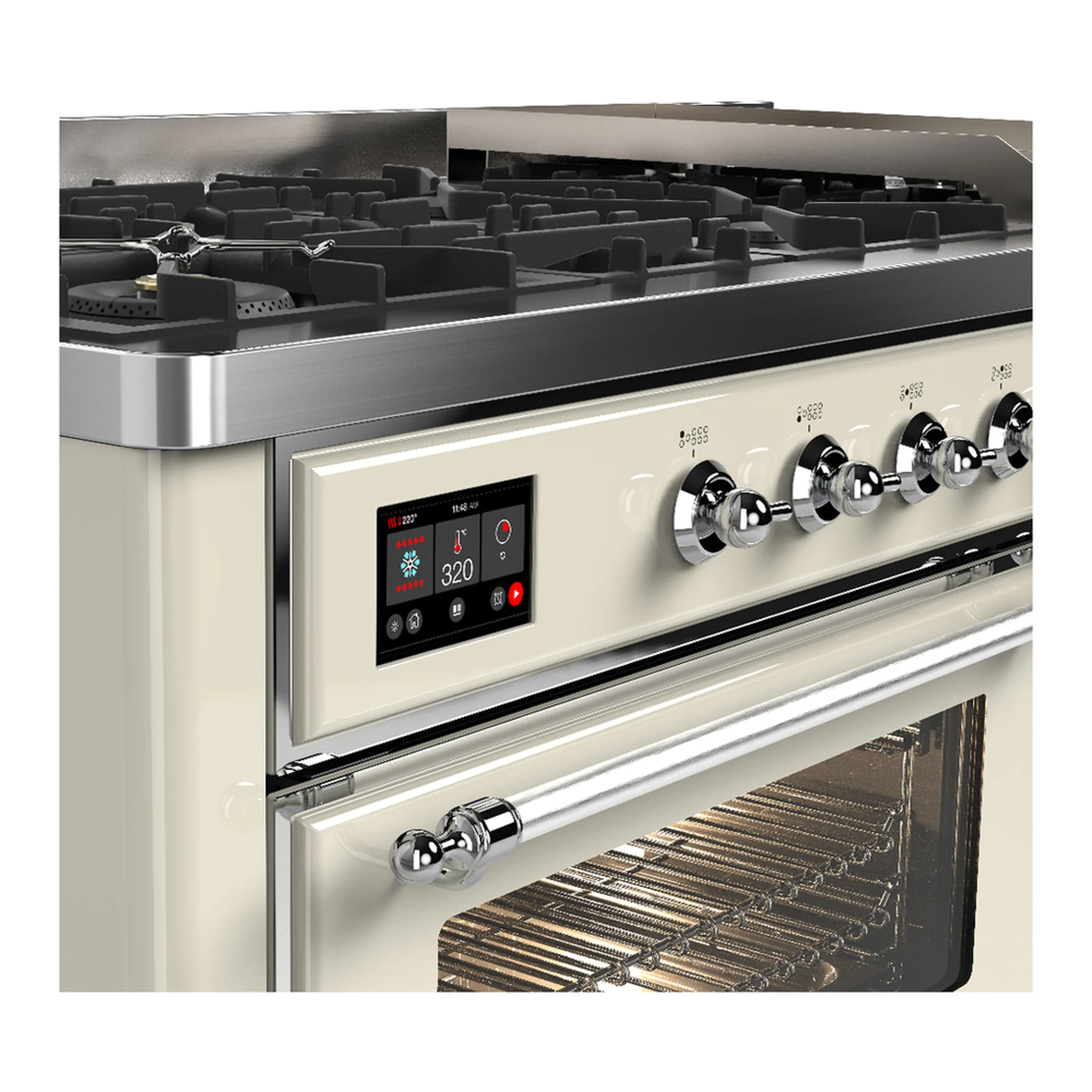 ILVE Majestic III 60-inch Dual Fuel Range with 7 Natural Gas Burner, Griddle and Triple Glass Door Electric Oven in Antique White with Chrome Trim (UM60FNR3AWC) - Image 7