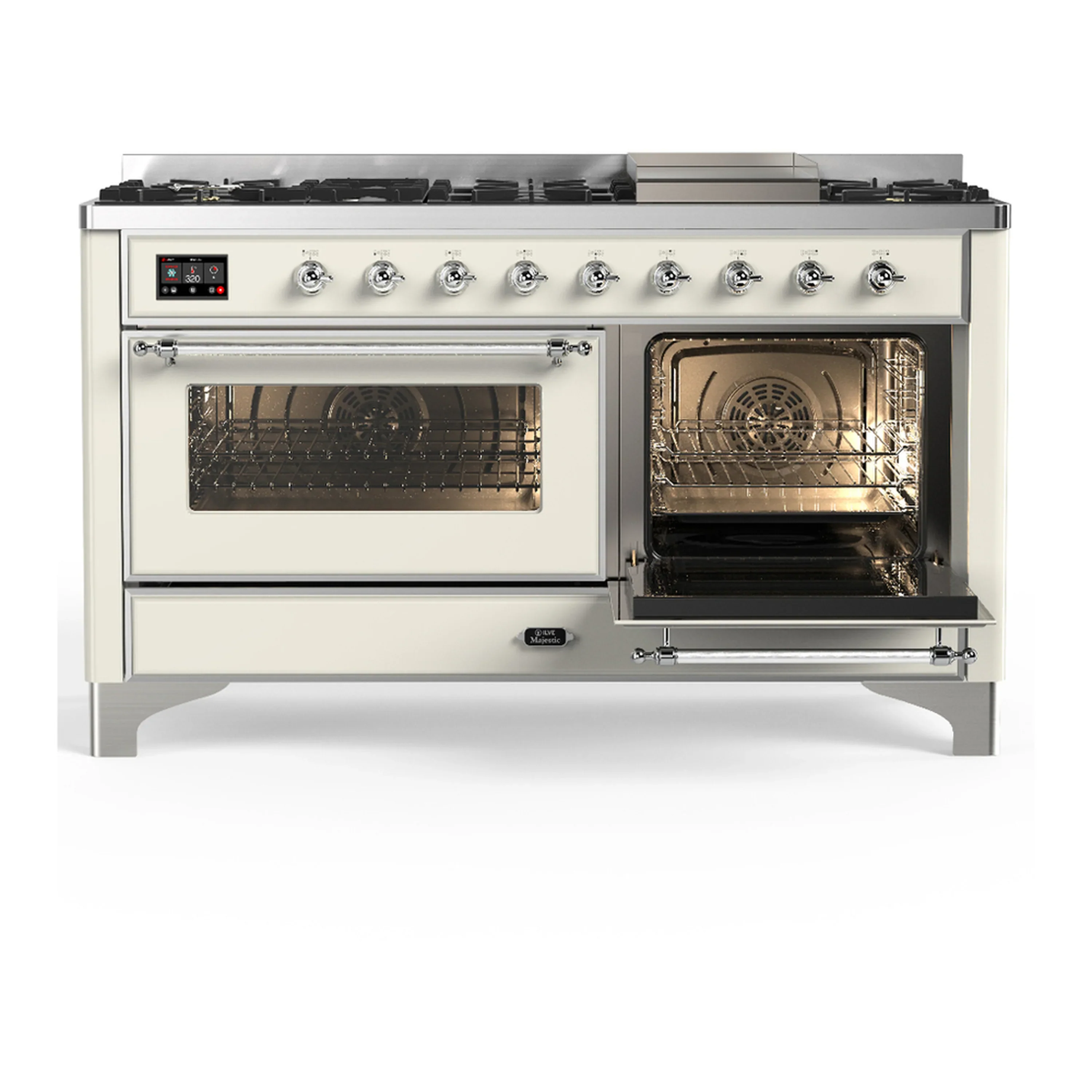 ILVE Majestic III 60-inch Dual Fuel Range with 5 Liquid Propane Burner, Griddle and Triple Glass Door Electric Oven in Antique White with Chrome Trim (UM60FNR3AWCLP) - Image 4