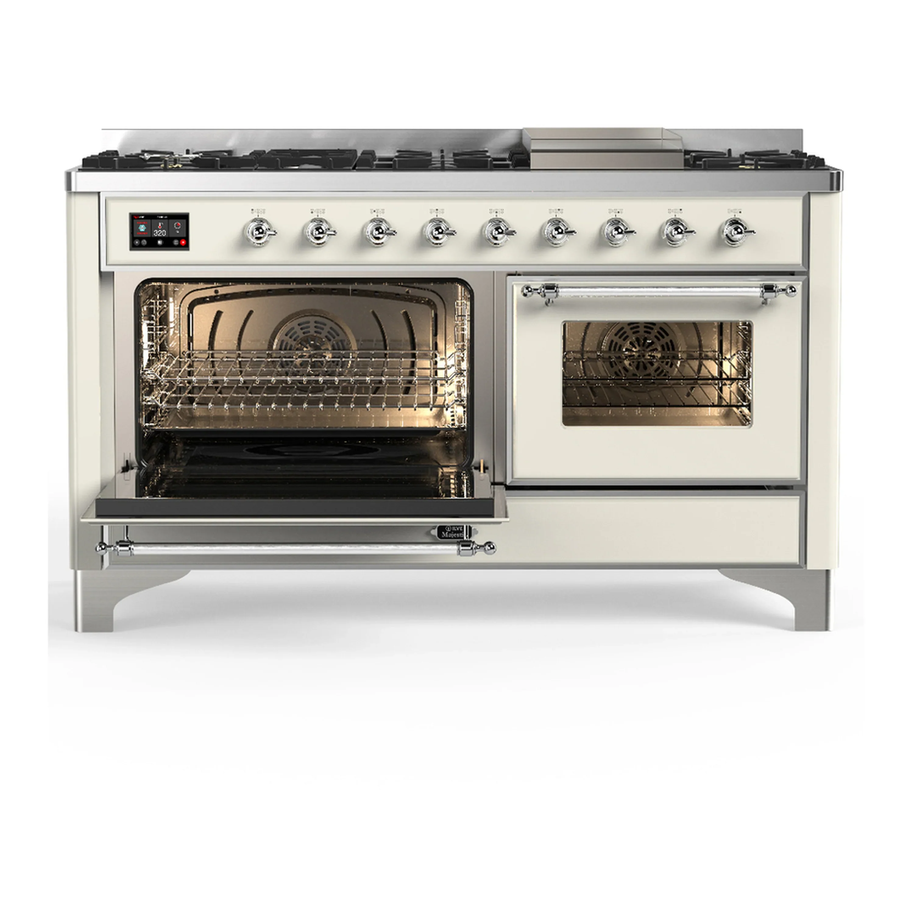 ILVE Majestic III 60-inch Dual Fuel Range with 5 Liquid Propane Burner, Griddle and Triple Glass Door Electric Oven in Antique White with Chrome Trim (UM60FNR3AWCLP) - Image 5