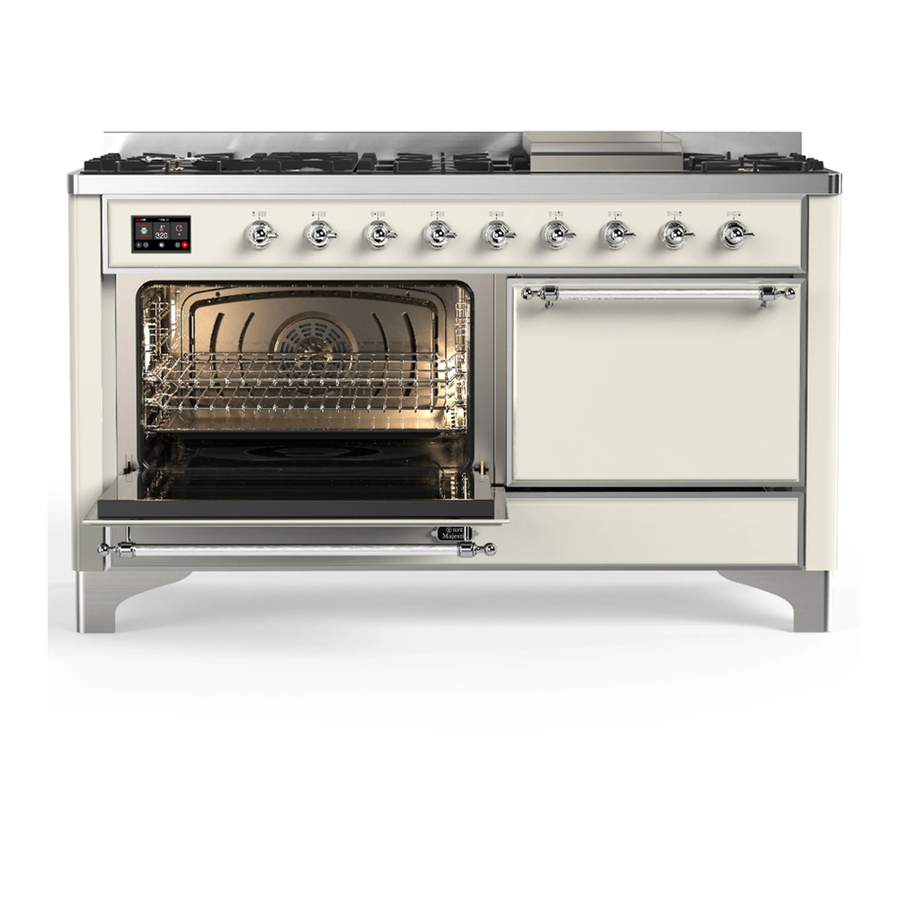 ILVE Majestic III 60-inch Dual Fuel Range with 7 Natural Gas Burner, Griddle and Solid Door Electric Oven in Antique White with Chrome Trim (UM60FQNR3AWC) - Image 5