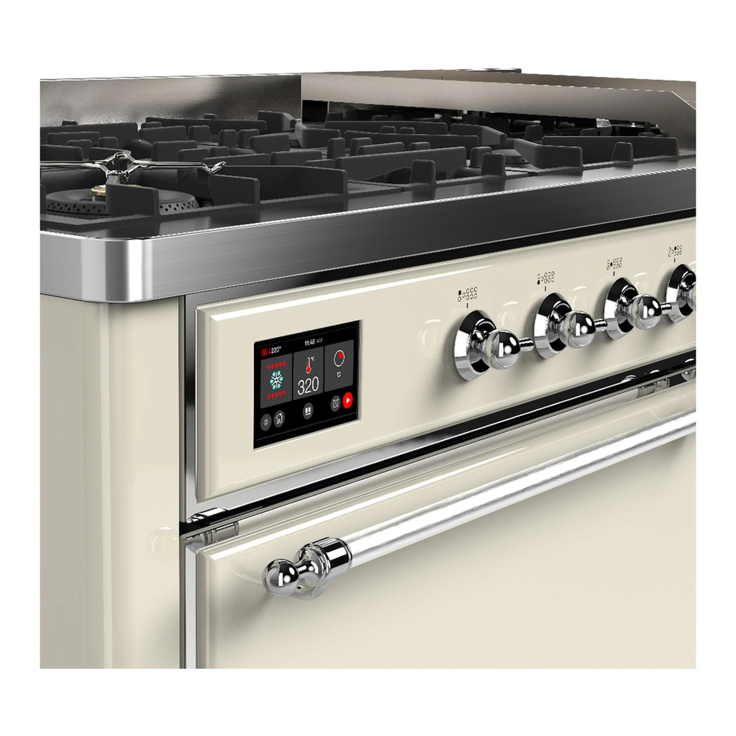 ILVE Majestic III 60-inch Dual Fuel Range with 7 Natural Gas Burner, Griddle and Solid Door Electric Oven in Antique White with Chrome Trim (UM60FQNR3AWC) - Image 7