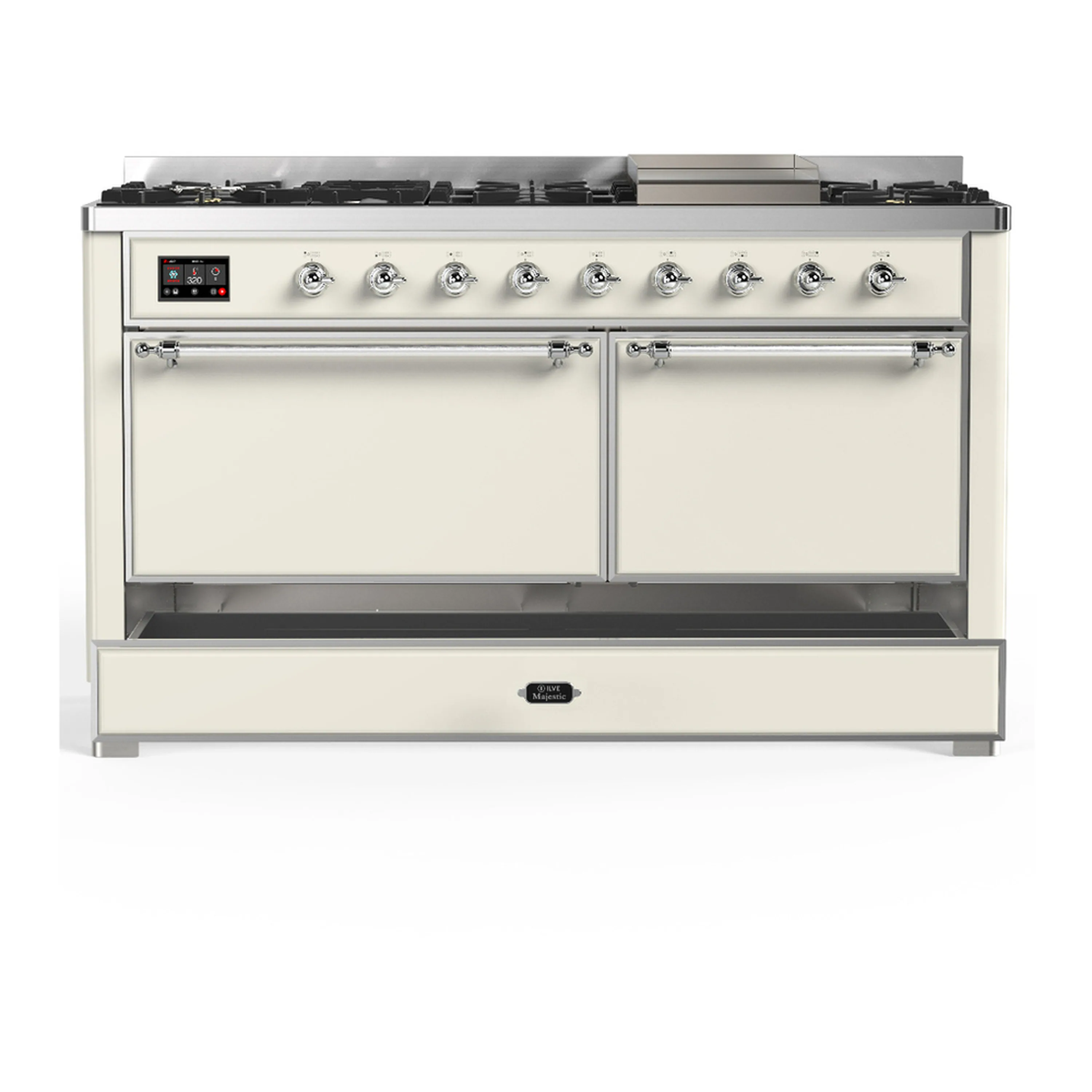 ILVE Majestic III 60-inch Dual Fuel Range with 5 Liquid Propane Burner, Griddle and Solid Door Electric Oven in Antique White with Chrome Trim (UM60FQNR3AWCLP) - Image 3