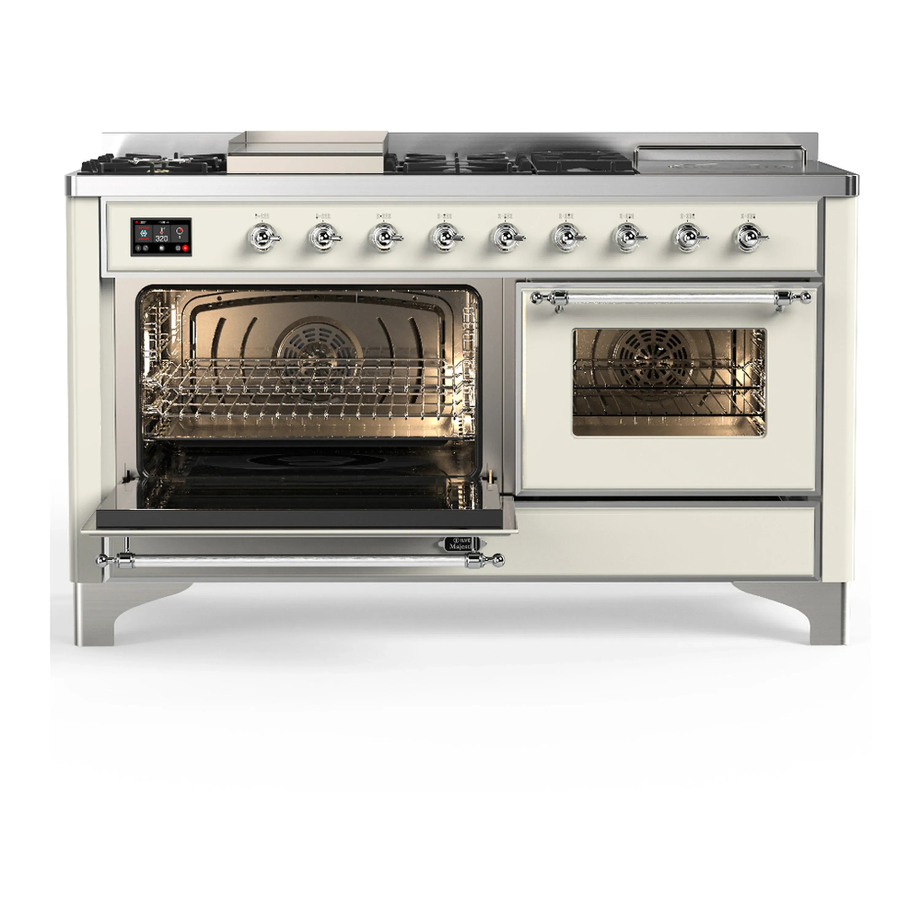 ILVE Majestic III 60-inch Dual Fuel Range with 7 Natural Gas Burner, Griddle, French Top and Triple Glass Door Electric Oven in Antique White with Chrome Trim (UM60FSNR3AWC) - Image 5