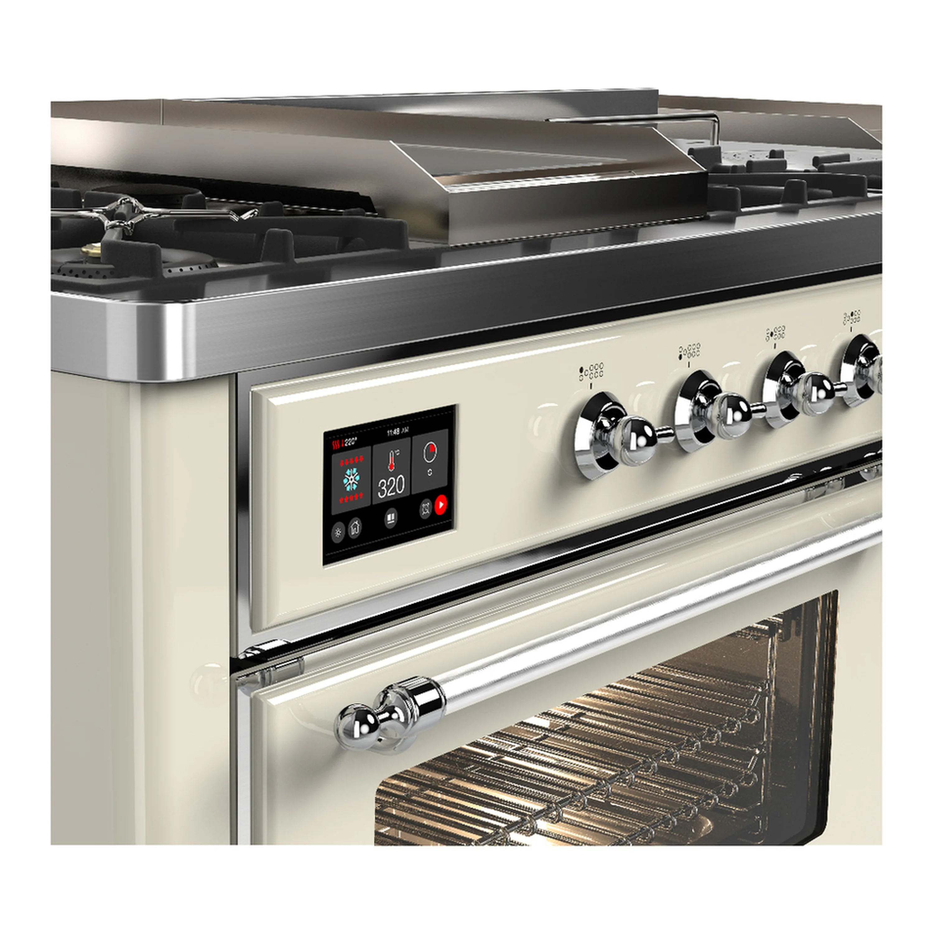 ILVE Majestic III 60-inch Dual Fuel Range with 7 Natural Gas Burner, Griddle, French Top and Triple Glass Door Electric Oven in Antique White with Chrome Trim (UM60FSNR3AWC) - Image 7