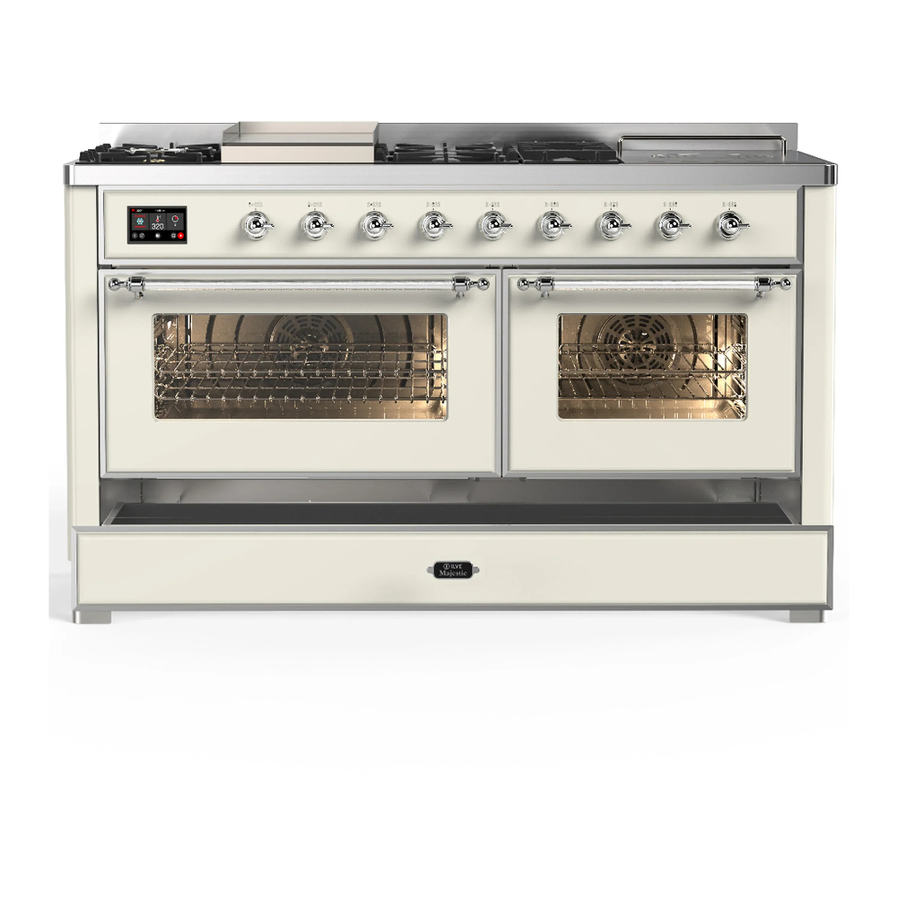 ILVE Majestic III 60-inch Dual Fuel Range with 5 Liquid Propane Burner, Griddle, French Top and Triple Glass Door Electric Oven in Antique White with Chrome Trim (UM60FSNR3AWCLP) - Image 3