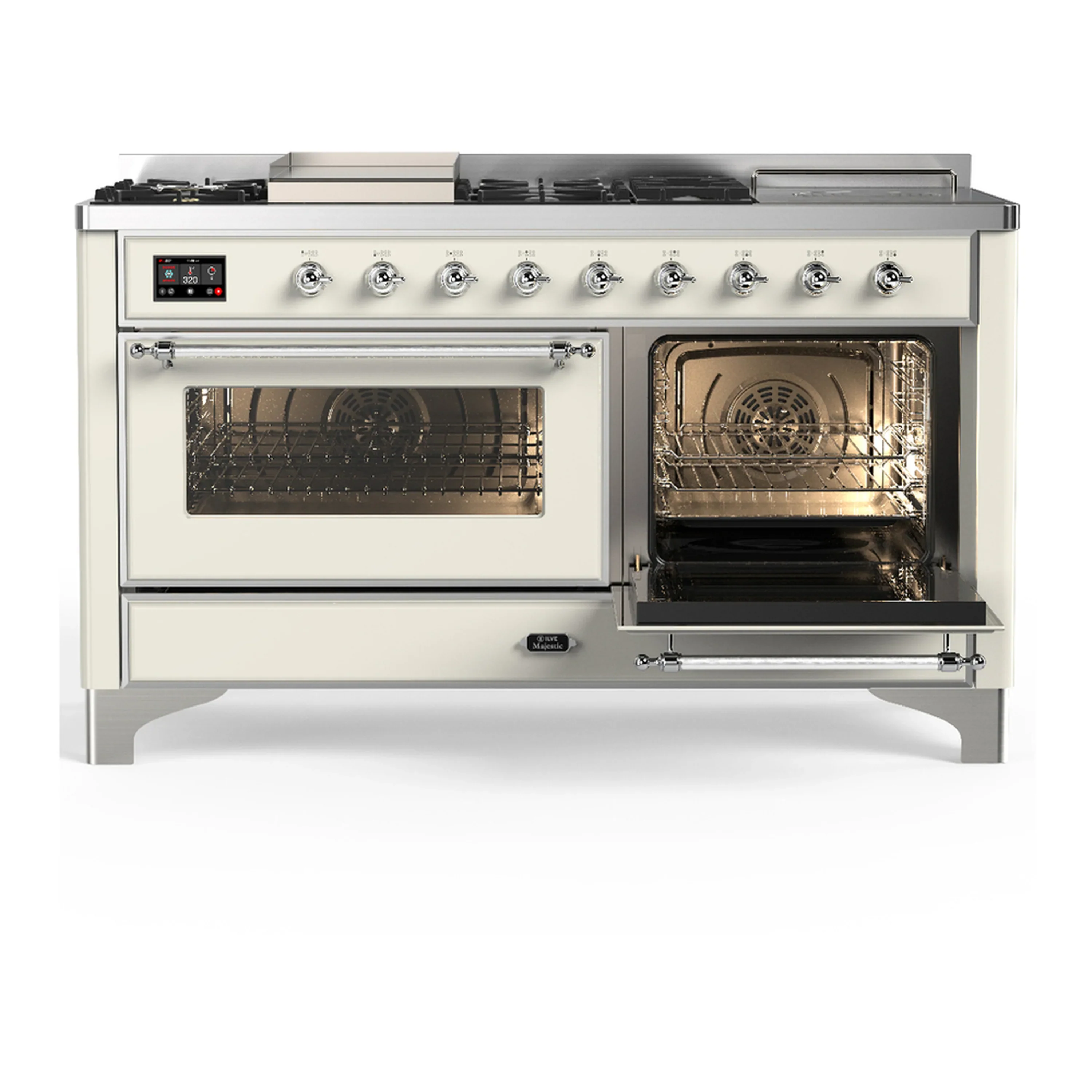 ILVE Majestic III 60-inch Dual Fuel Range with 5 Liquid Propane Burner, Griddle, French Top and Triple Glass Door Electric Oven in Antique White with Chrome Trim (UM60FSNR3AWCLP) - Image 4