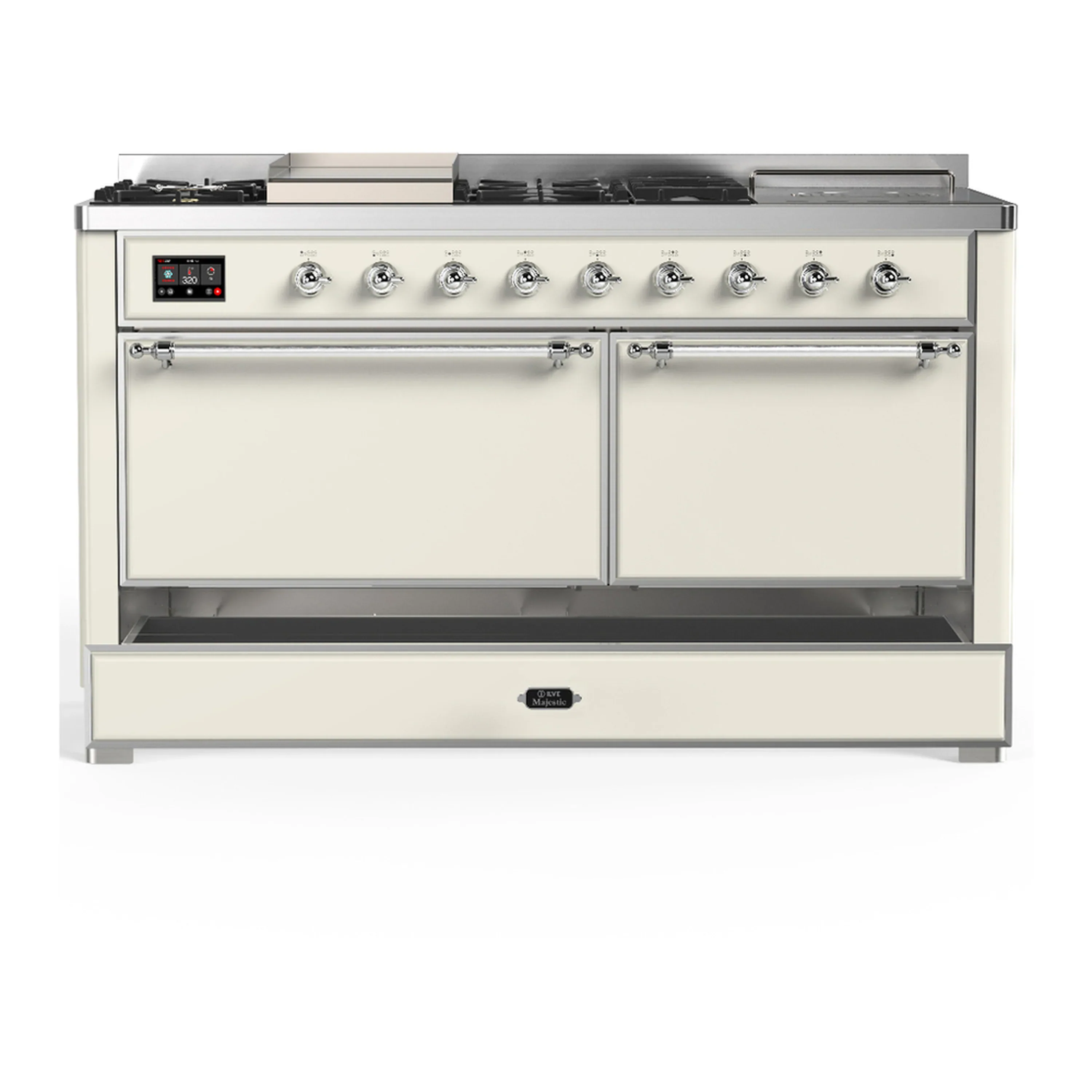 ILVE Majestic III 60-inch Dual Fuel Range with 7 Natural Gas Burner, Griddle, French Top and Solid Door Electric Oven in Antique White with Chrome Trim (UM60FSQNR3AWC) - Image 3