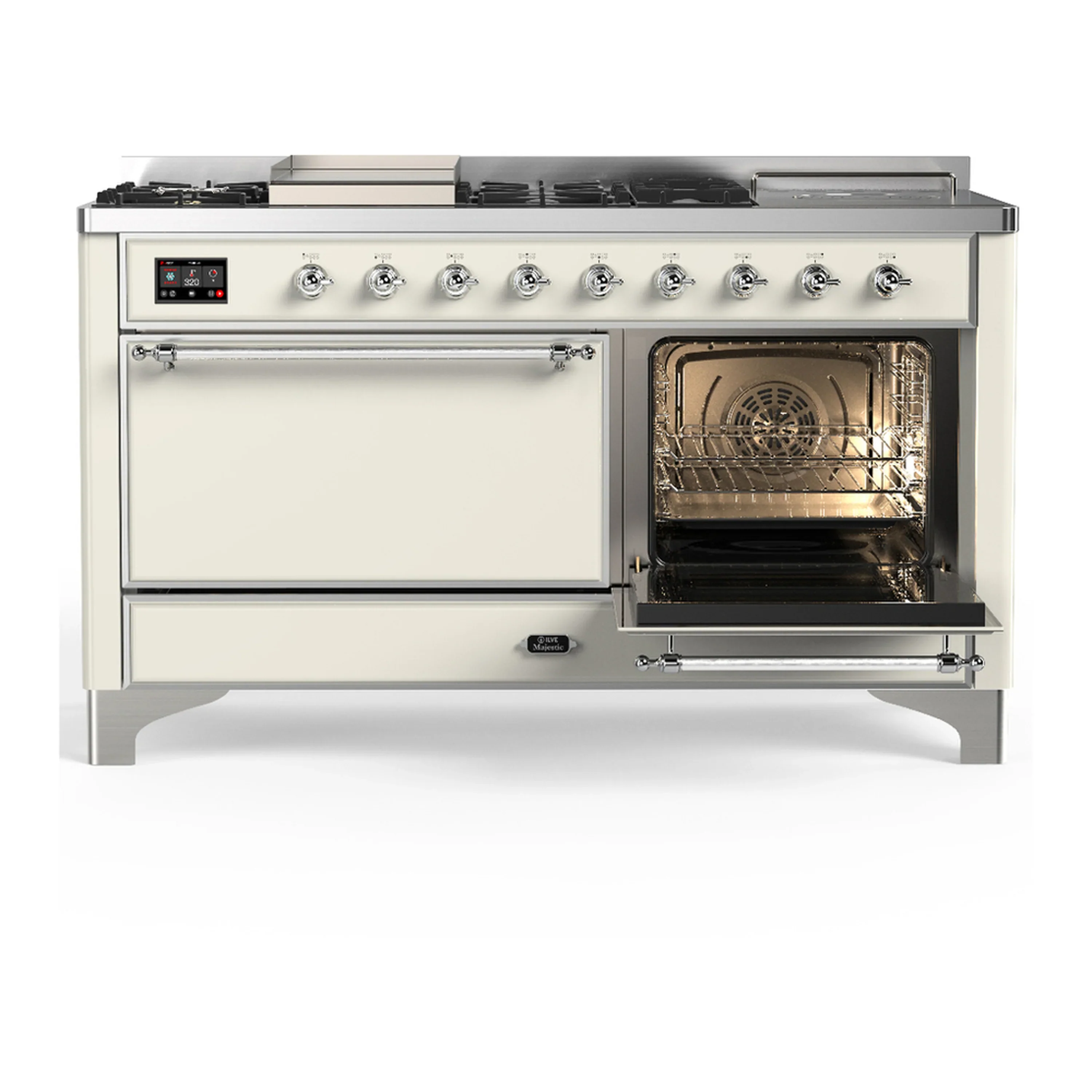 ILVE Majestic III 60-inch Dual Fuel Range with 7 Natural Gas Burner, Griddle, French Top and Solid Door Electric Oven in Antique White with Chrome Trim (UM60FSQNR3AWC) - Image 4