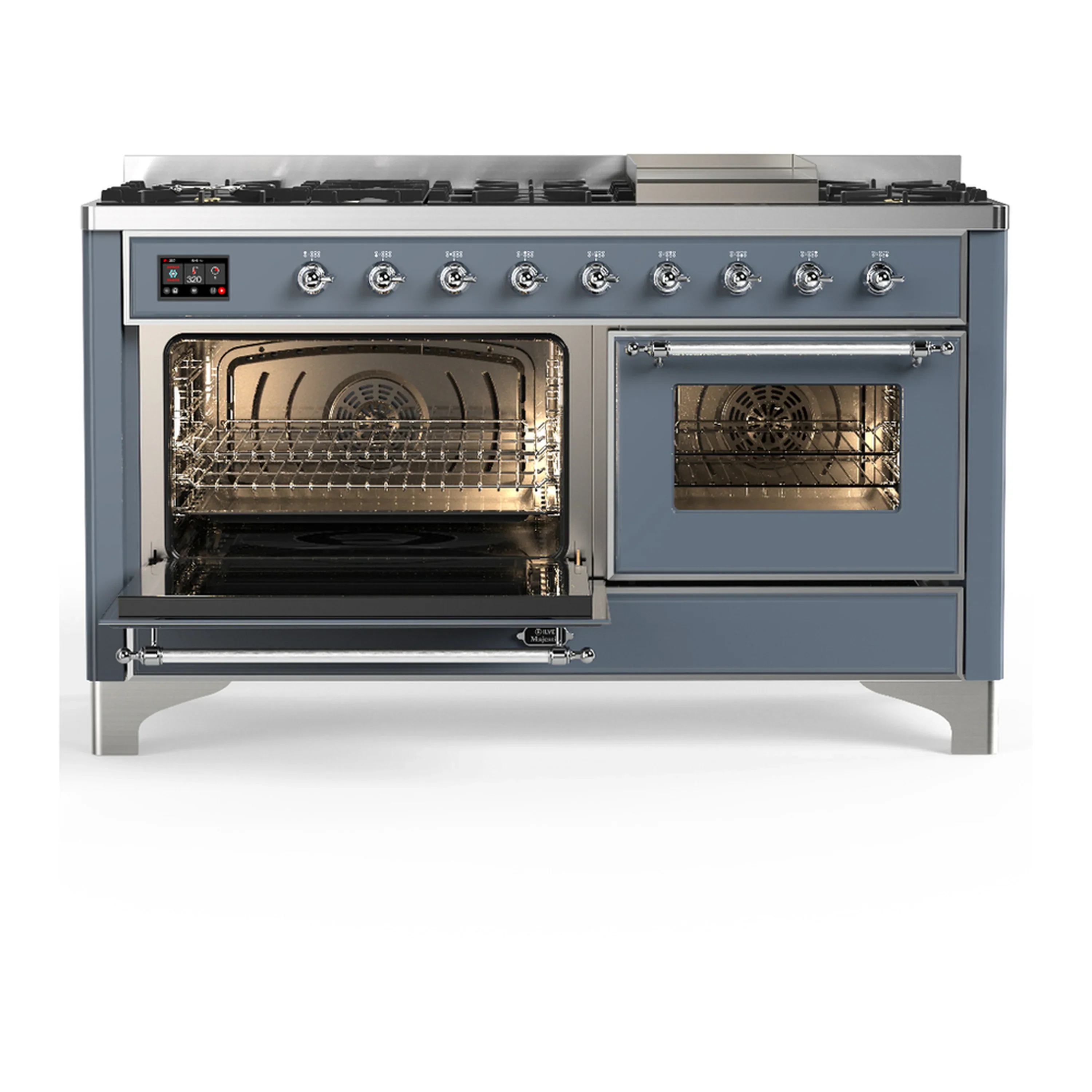 ILVE Majestic III 60-inch Dual Fuel Range with 7 Natural Gas Burner, Griddle and Triple Glass Door Electric Oven in Blue Grey with Chrome Trim (UM60FNR3BGC) - Image 5
