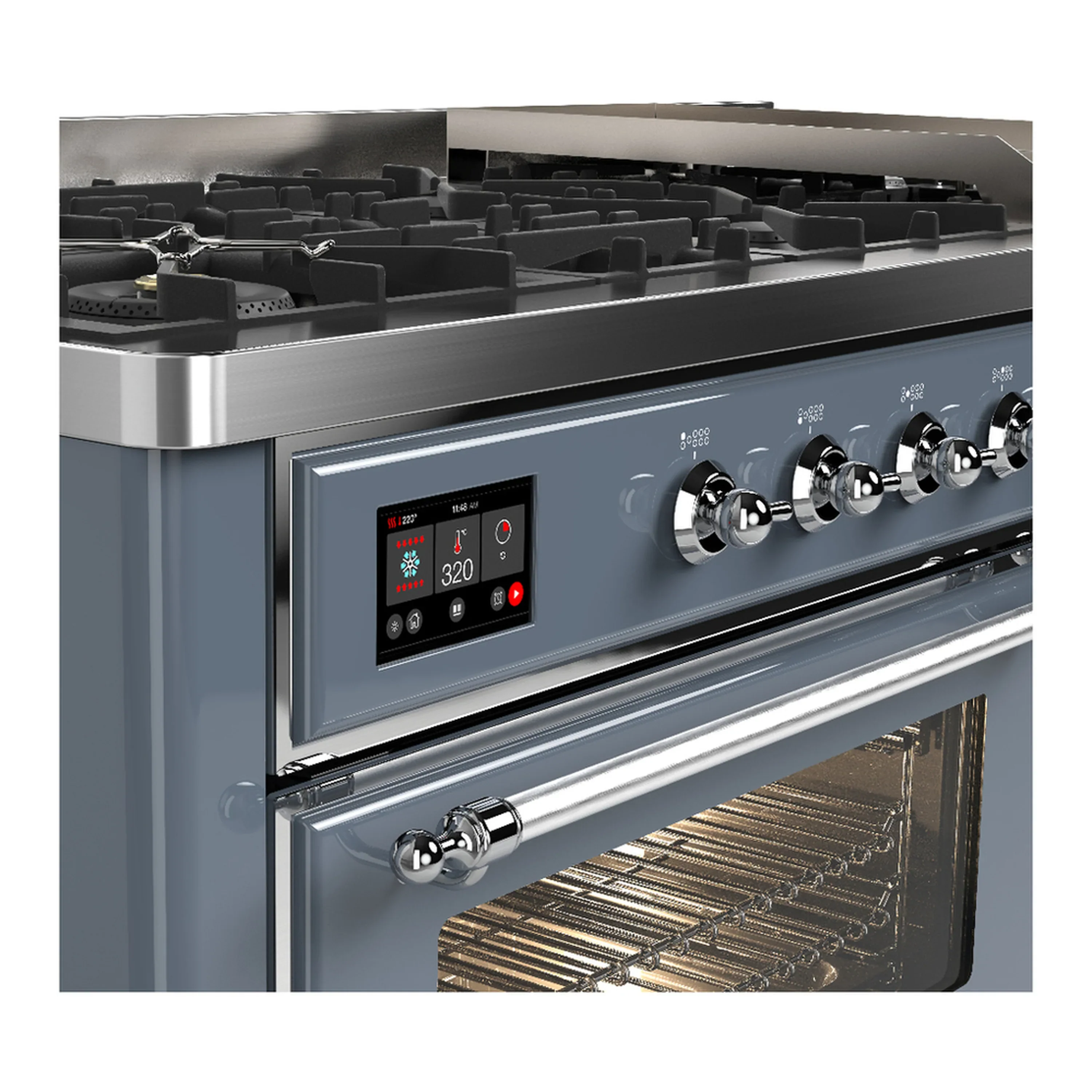 ILVE Majestic III 60-inch Dual Fuel Range with 7 Natural Gas Burner, Griddle and Triple Glass Door Electric Oven in Blue Grey with Chrome Trim (UM60FNR3BGC) - Image 7