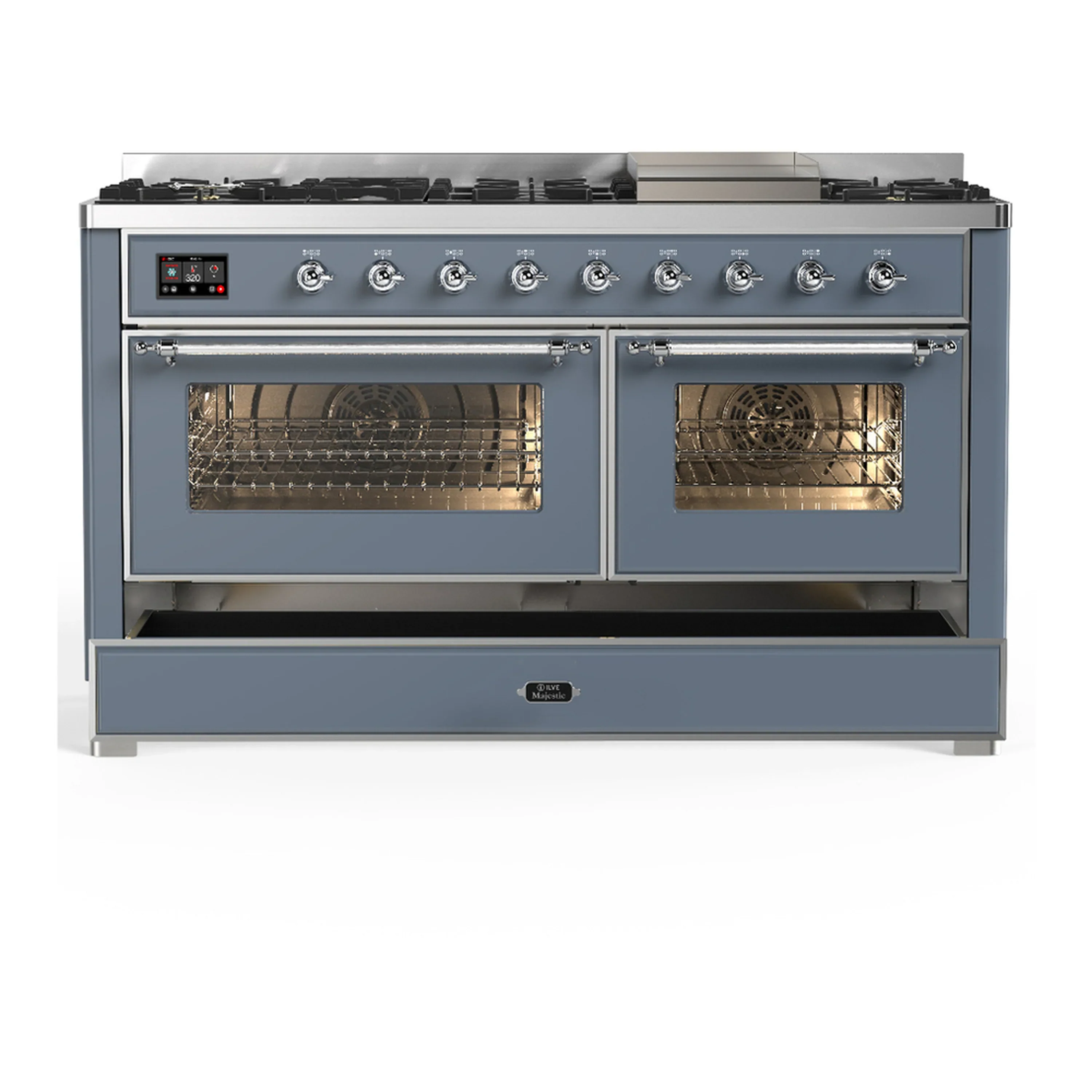 ILVE Majestic III 60-inch Dual Fuel Range with 5 Liquid Propane Burner, Griddle and Triple Glass Door Electric Oven in Blue Grey with Chrome Trim (UM60FNR3BGCLP) - Image 3