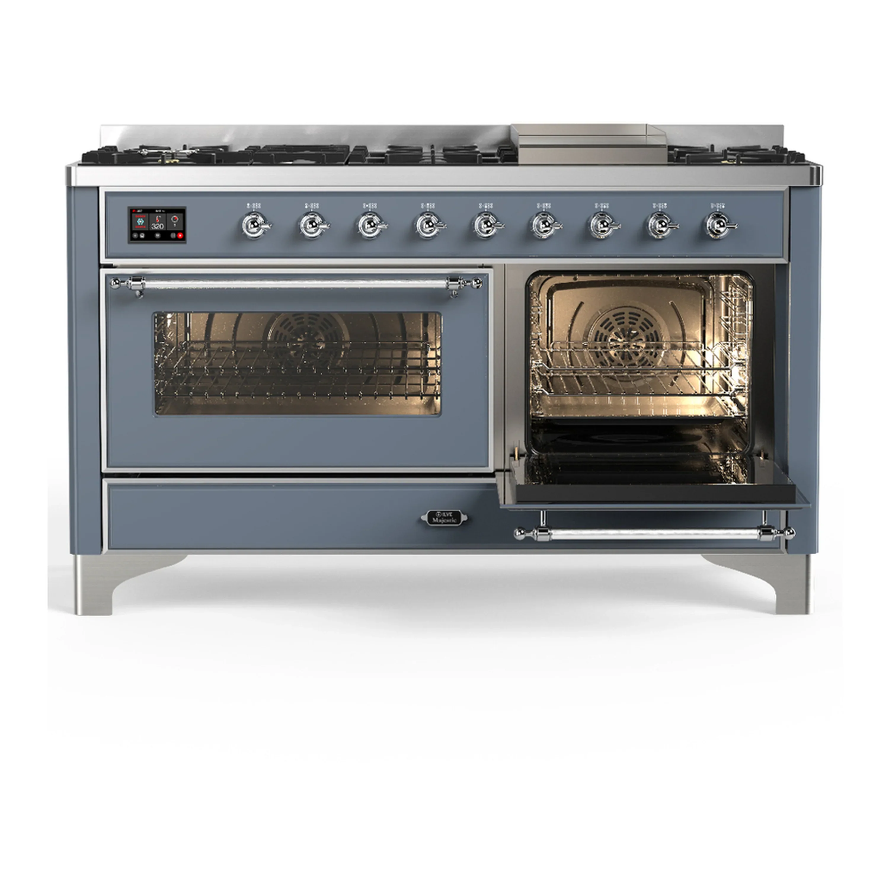 ILVE Majestic III 60-inch Dual Fuel Range with 5 Liquid Propane Burner, Griddle and Triple Glass Door Electric Oven in Blue Grey with Chrome Trim (UM60FNR3BGCLP) - Image 4