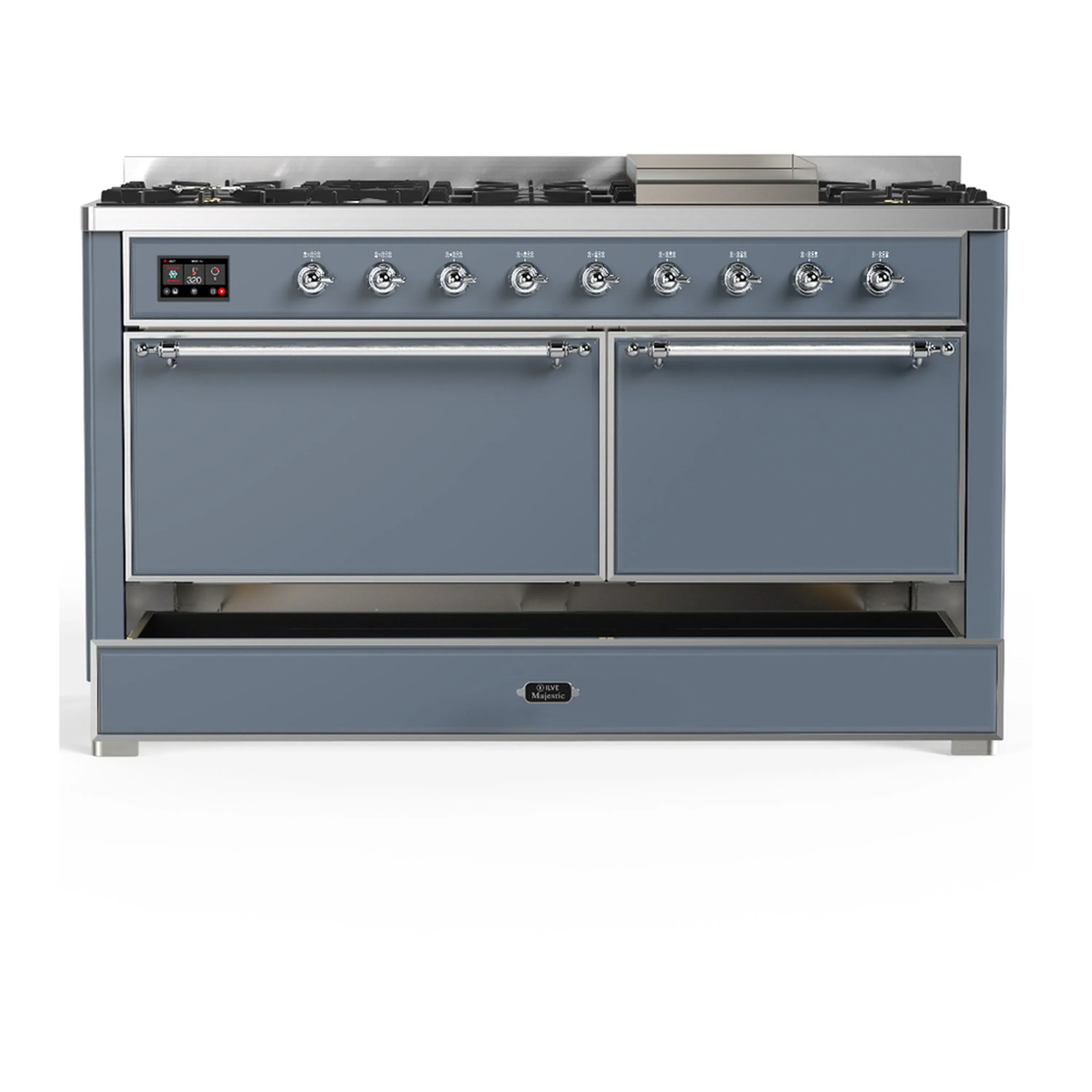 ILVE Majestic III 60-inch Dual Fuel Range with 7 Natural Gas Burner, Griddle and Solid Door Electric Oven in Blue Grey with Chrome Trim (UM60FQNR3BGC) - Image 3