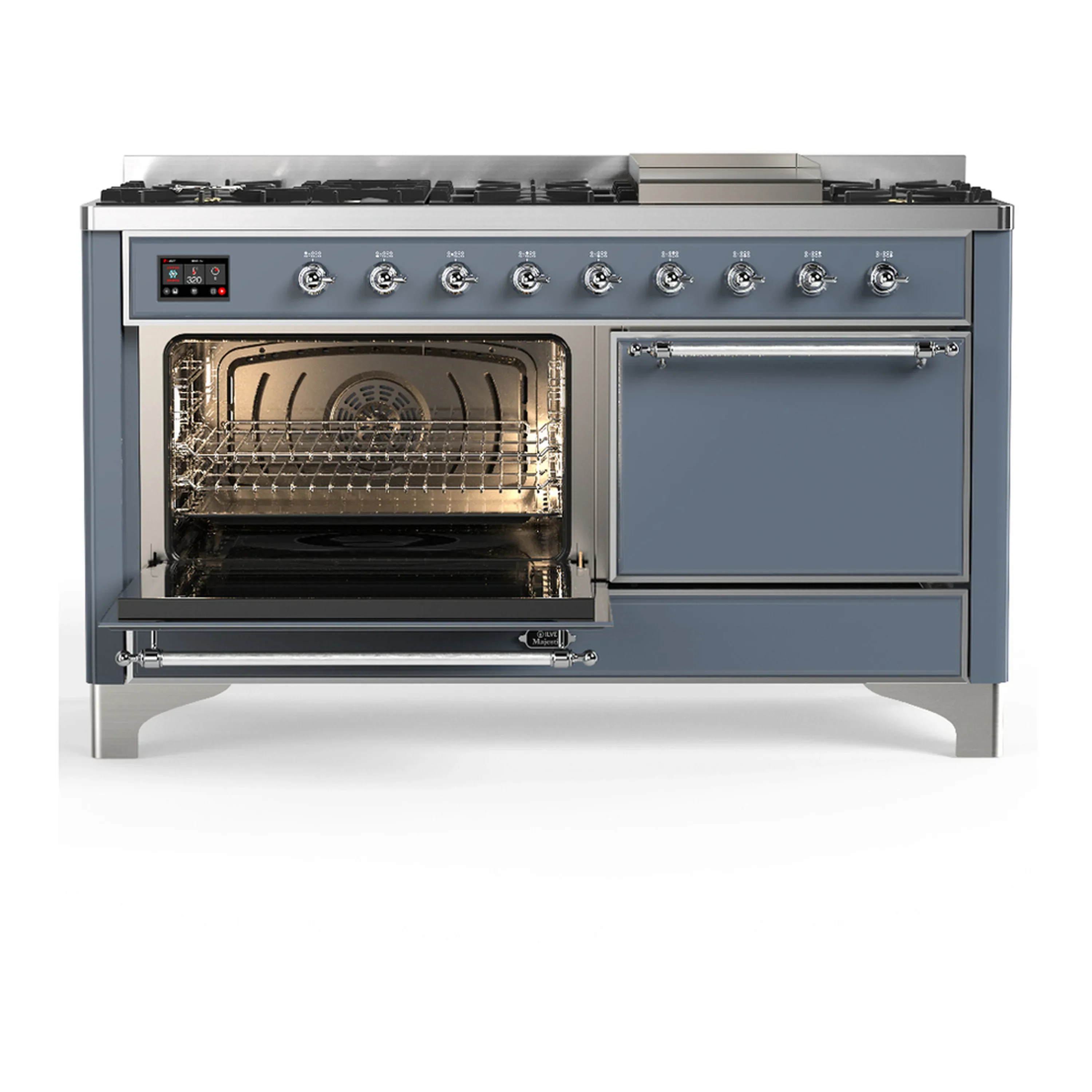 ILVE Majestic III 60-inch Dual Fuel Range with 7 Natural Gas Burner, Griddle and Solid Door Electric Oven in Blue Grey with Chrome Trim (UM60FQNR3BGC) - Image 5