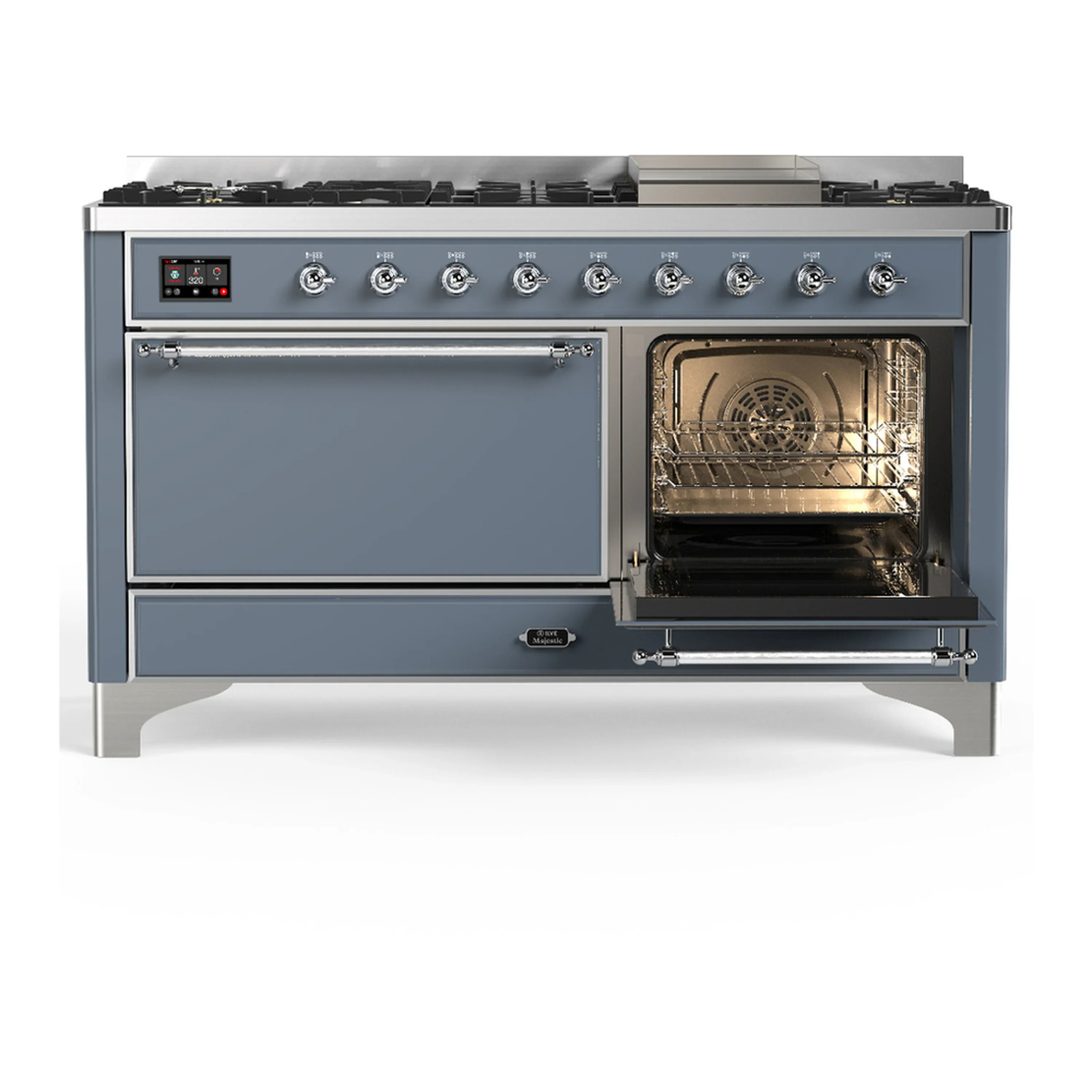 ILVE Majestic III 60-inch Dual Fuel Range with 5 Liquid Propane Burner, Griddle and Solid Door Electric Oven in Blue Grey with Chrome Trim (UM60FQNR3BGCLP) - Image 4