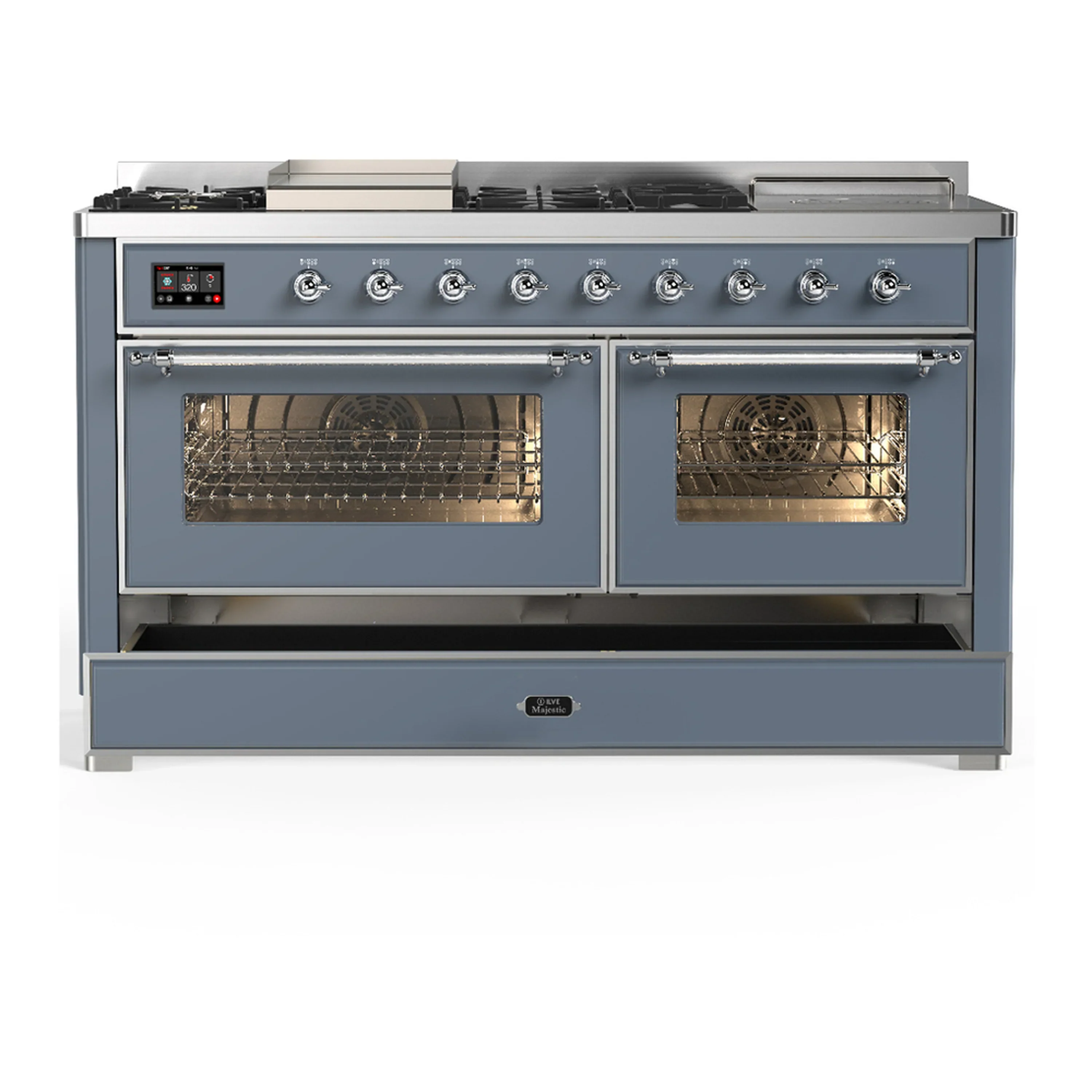 ILVE Majestic III 60-inch Dual Fuel Range with 5 Liquid Propane Burner, Griddle, French Top and Triple Glass Door Electric Oven in Blue Grey with Chrome Trim (UM60FSNR3BGCLP) - Image 3