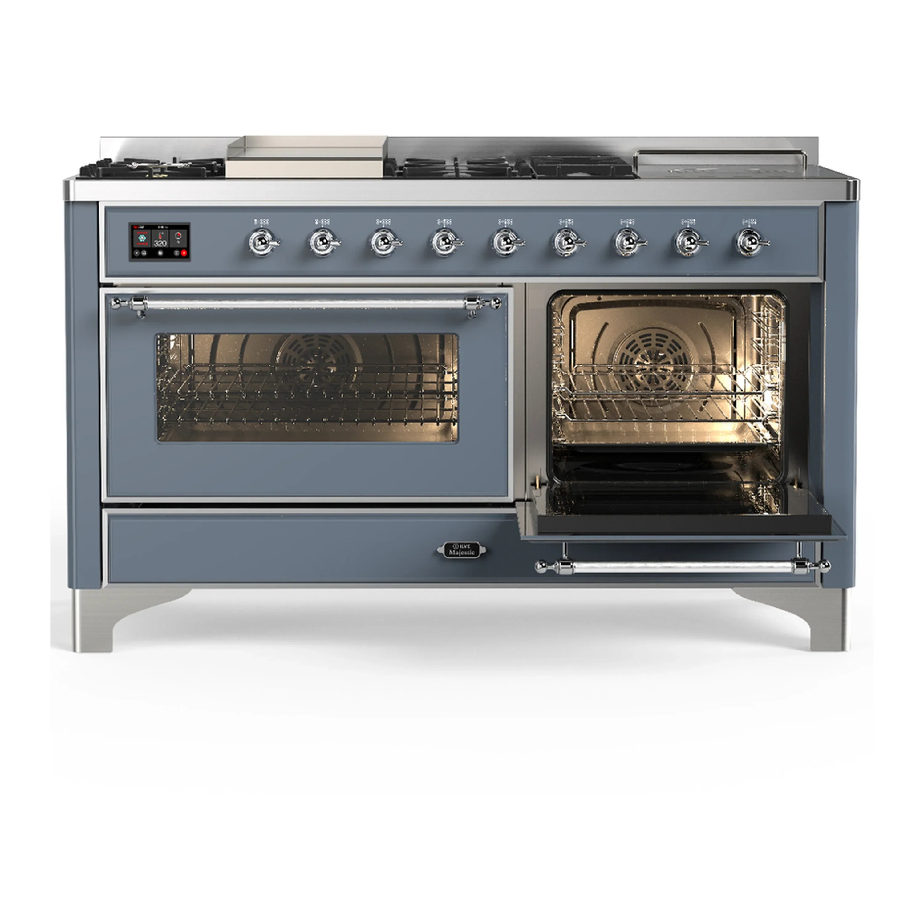ILVE Majestic III 60-inch Dual Fuel Range with 5 Liquid Propane Burner, Griddle, French Top and Triple Glass Door Electric Oven in Blue Grey with Chrome Trim (UM60FSNR3BGCLP) - Image 4