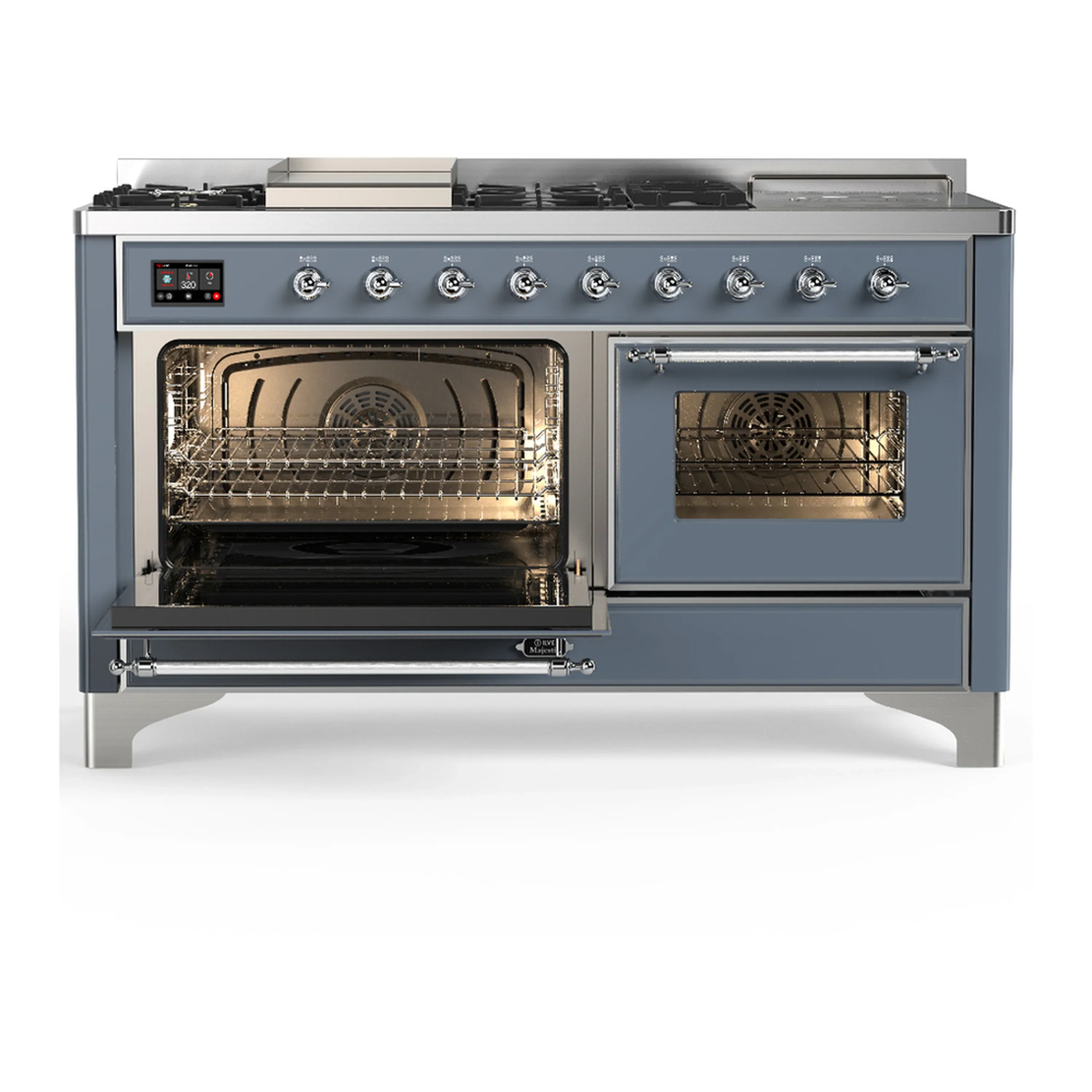 ILVE Majestic III 60-inch Dual Fuel Range with 5 Liquid Propane Burner, Griddle, French Top and Triple Glass Door Electric Oven in Blue Grey with Chrome Trim (UM60FSNR3BGCLP) - Image 5