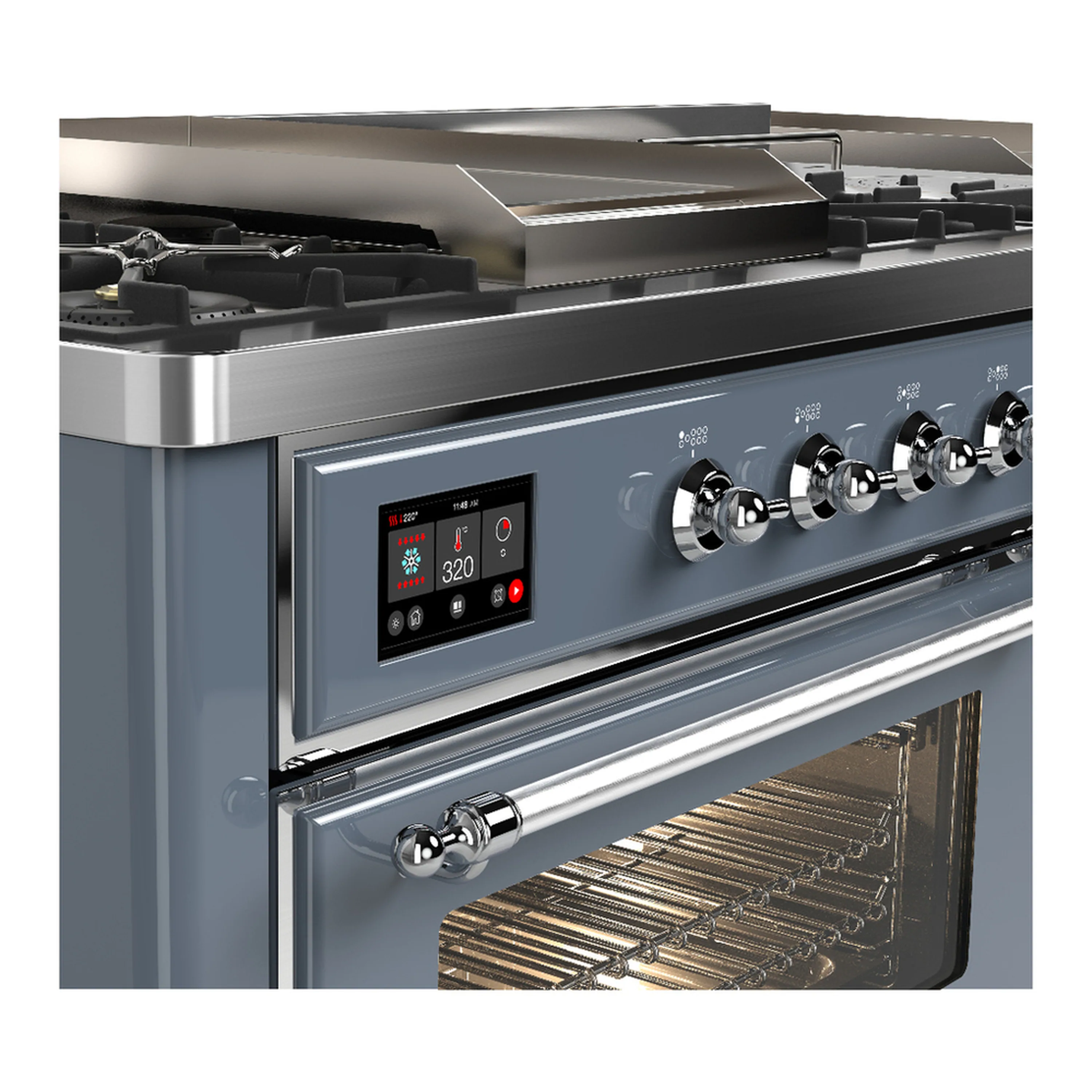 ILVE Majestic III 60-inch Dual Fuel Range with 5 Liquid Propane Burner, Griddle, French Top and Triple Glass Door Electric Oven in Blue Grey with Chrome Trim (UM60FSNR3BGCLP) - Image 7