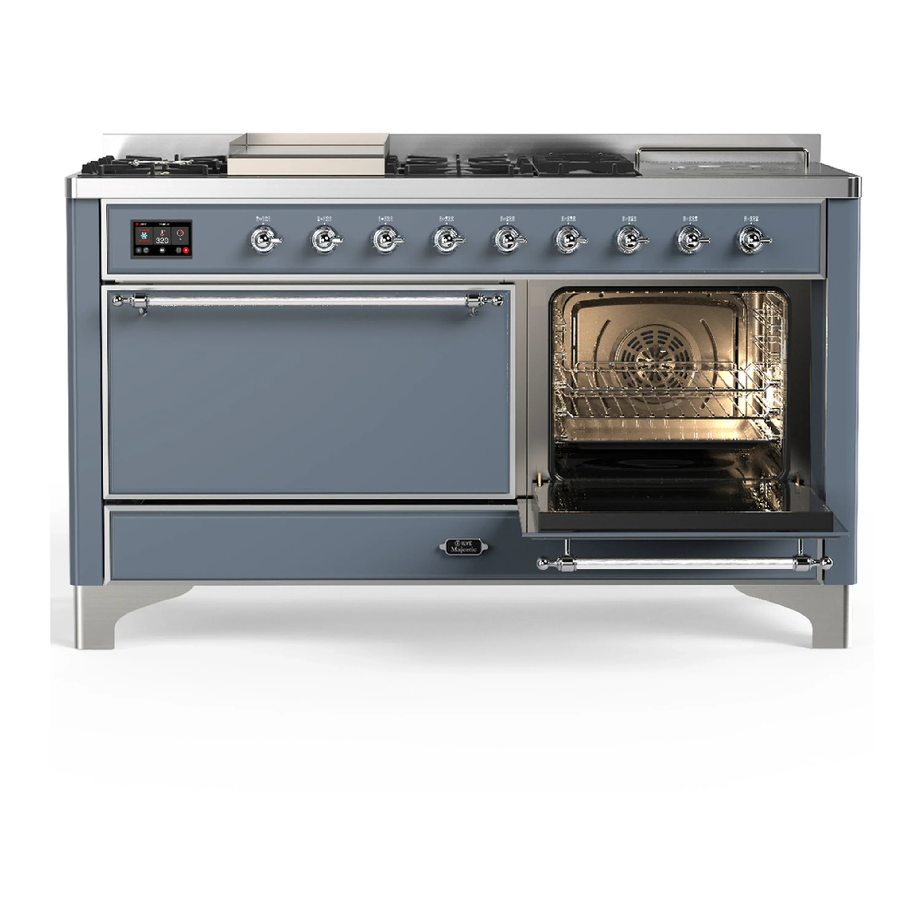 ILVE Majestic III 60-inch Dual Fuel Range with 7 Natural Gas Burner, Griddle, French Top and Solid Door Electric Oven in Blue Grey with Chrome Trim (UM60FSQNR3BGC) - Image 4