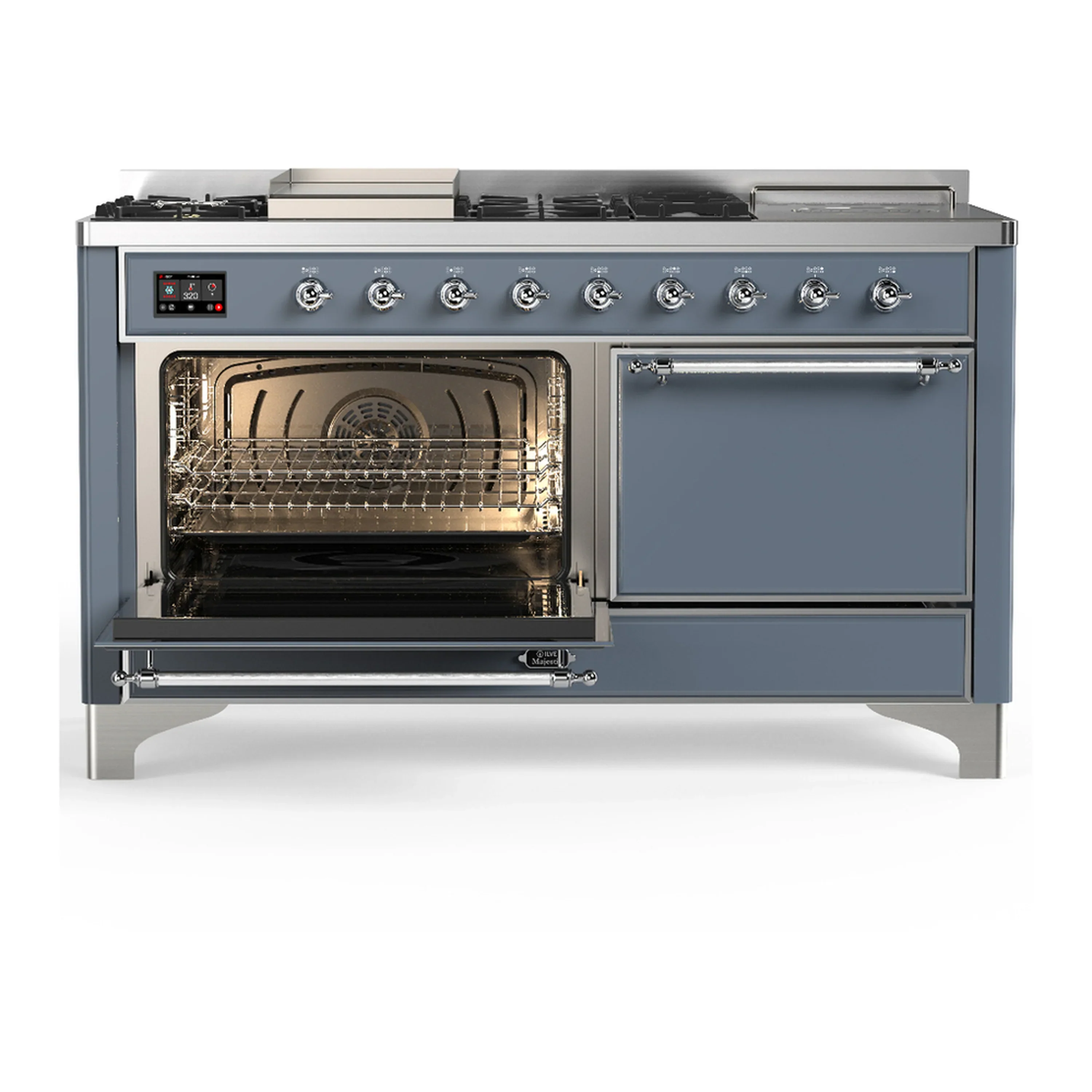 ILVE Majestic III 60-inch Dual Fuel Range with 7 Natural Gas Burner, Griddle, French Top and Solid Door Electric Oven in Blue Grey with Chrome Trim (UM60FSQNR3BGC) - Image 5