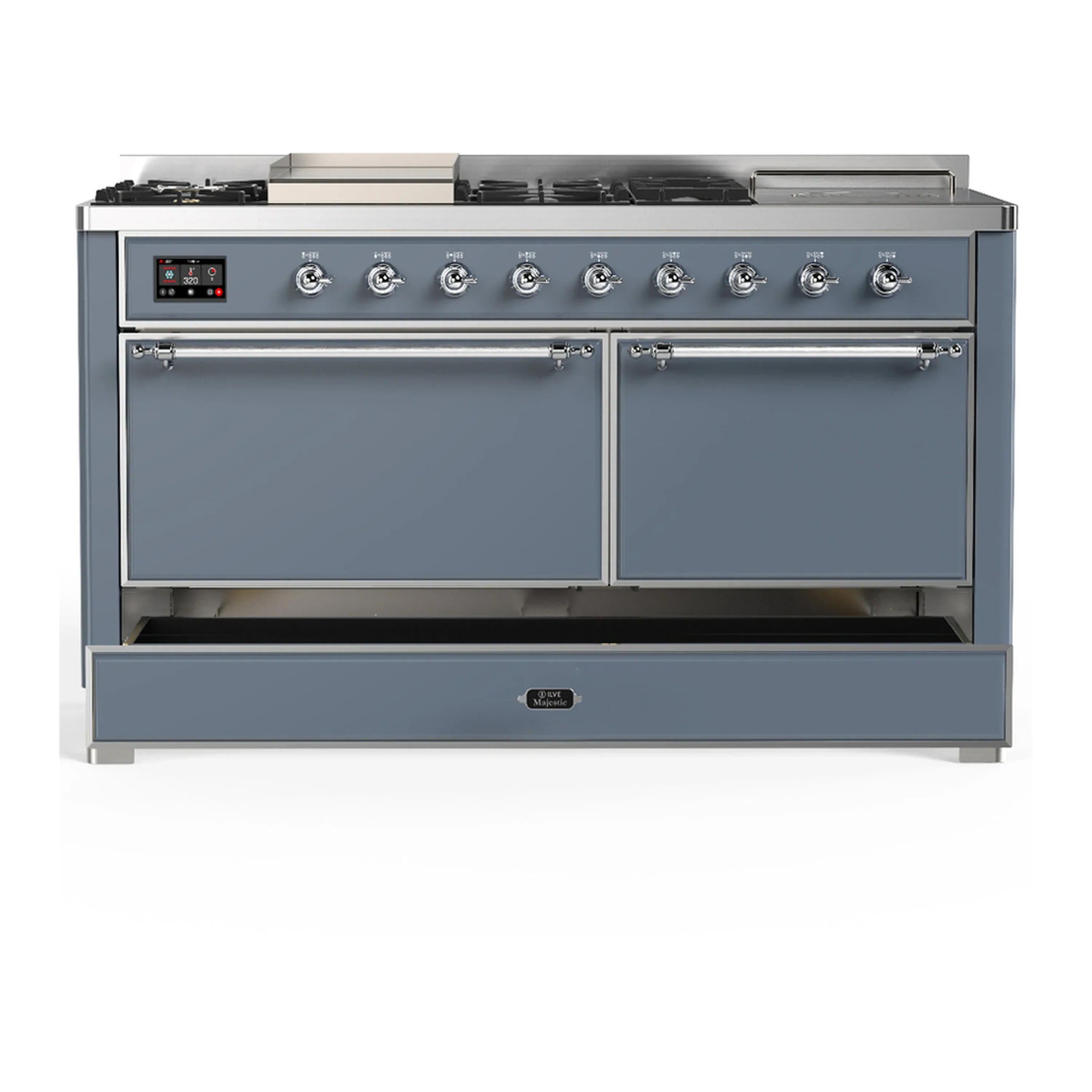ILVE Majestic III 60-inch Dual Fuel Range with 5 Liquid Propane Burner, Griddle, French Top and Solid Door Electric Oven in Blue Grey with Chrome Trim (UM60FSQNR3BGCLP) - Image 3