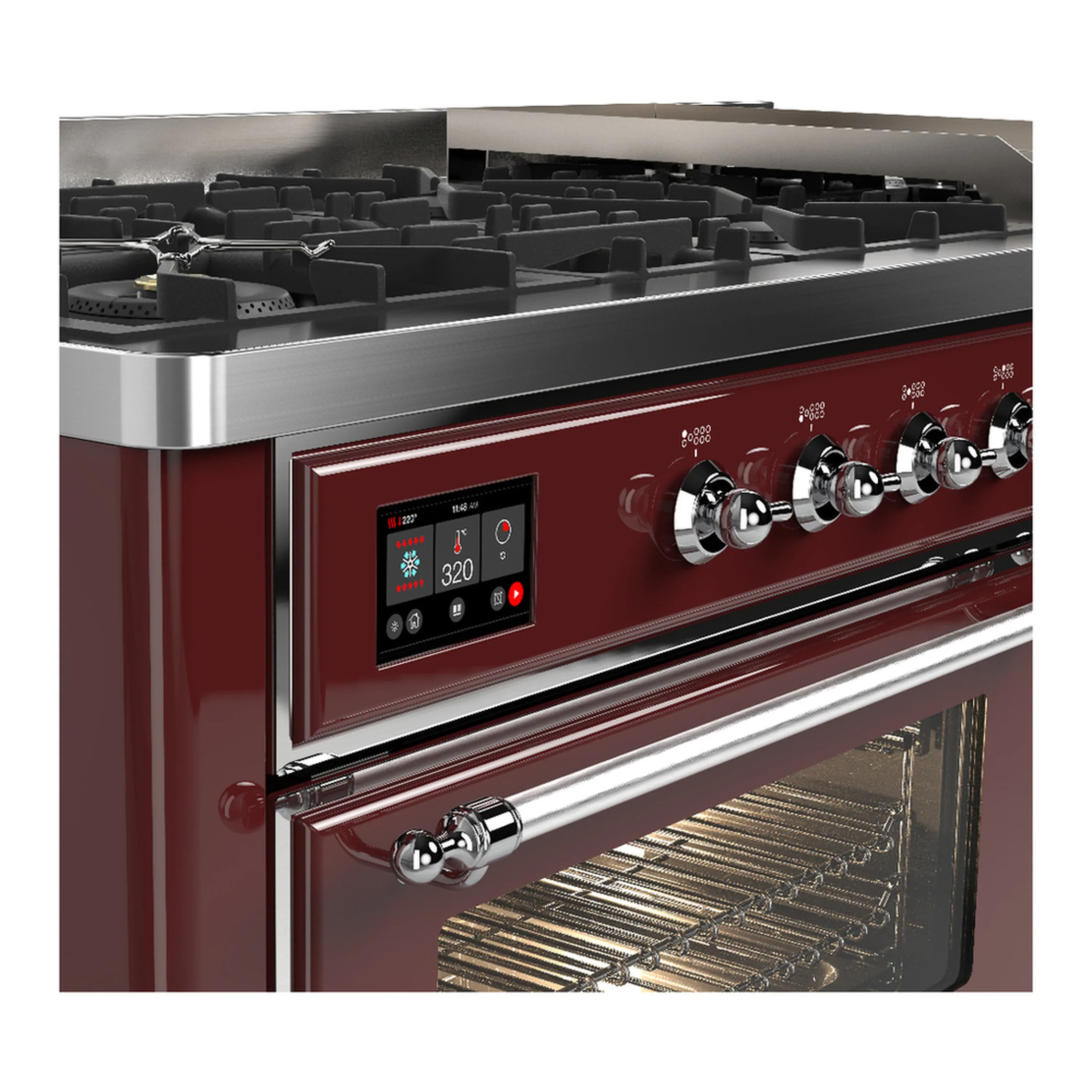 ILVE Majestic III 60-inch Dual Fuel Range with 7 Natural Gas Burner, Griddle and Triple Glass Door Electric Oven in Burgundy with Chrome Trim (UM60FNR3BUC) - Image 7