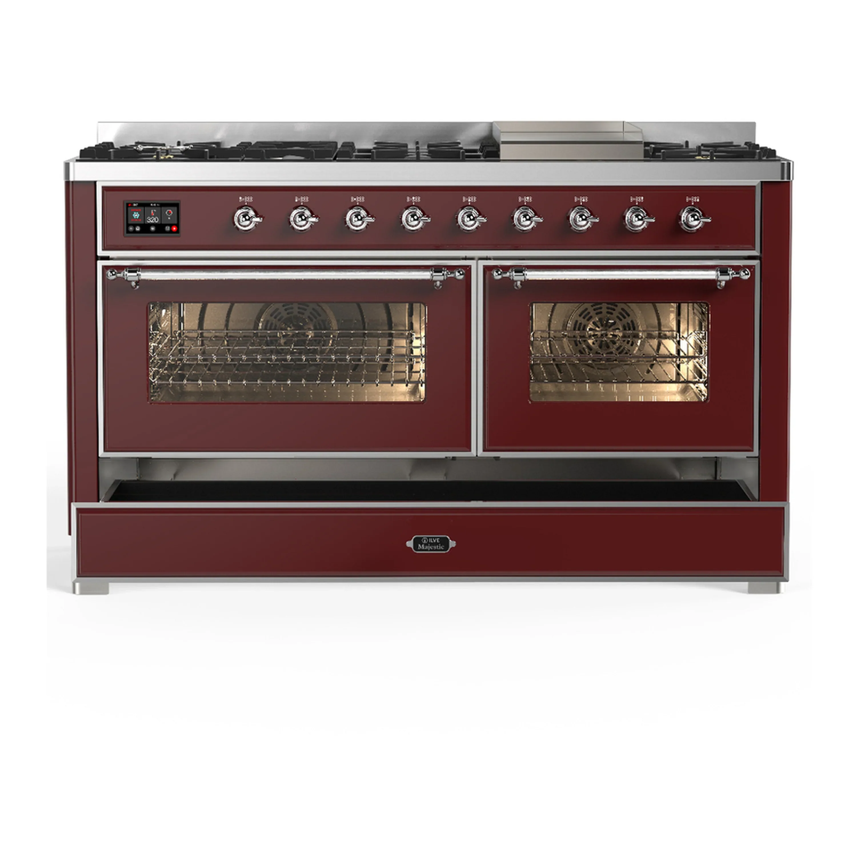 ILVE Majestic III 60-inch Dual Fuel Range with 5 Liquid Propane Burner, Griddle and Triple Glass Door Electric Oven in Burgundy with Chrome Trim (UM60FNR3BUCLP) - Image 3