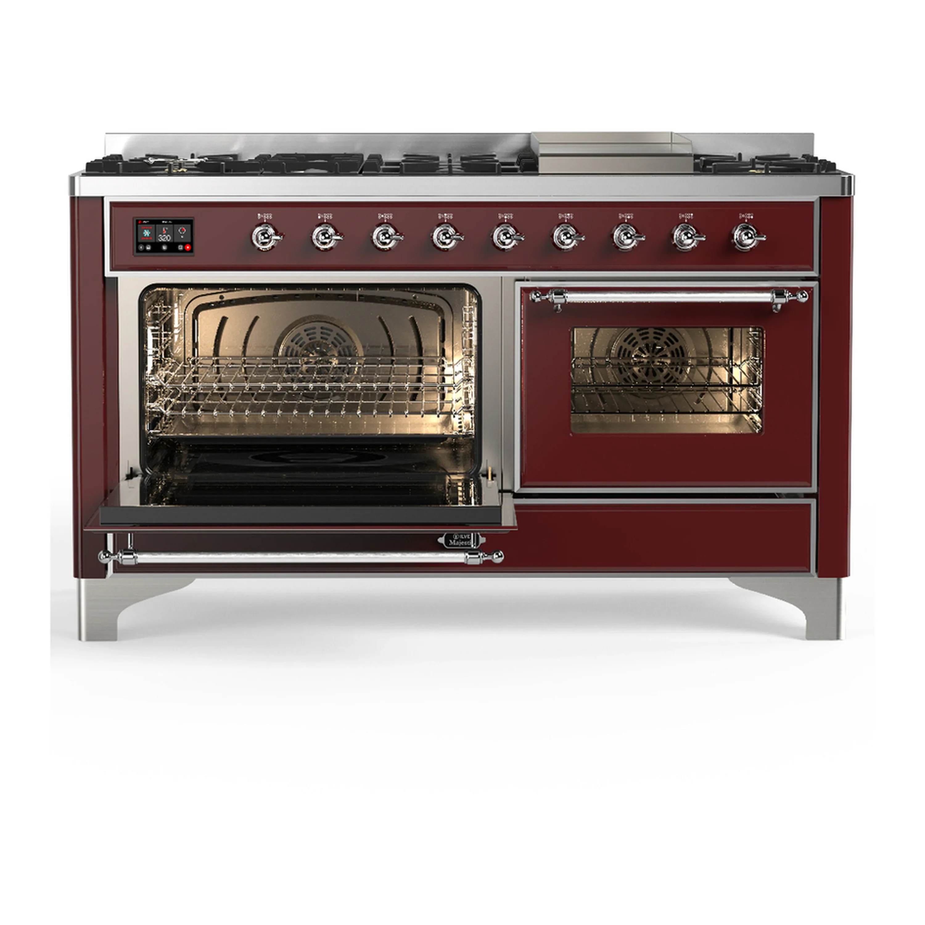 ILVE Majestic III 60-inch Dual Fuel Range with 5 Liquid Propane Burner, Griddle and Triple Glass Door Electric Oven in Burgundy with Chrome Trim (UM60FNR3BUCLP) - Image 5