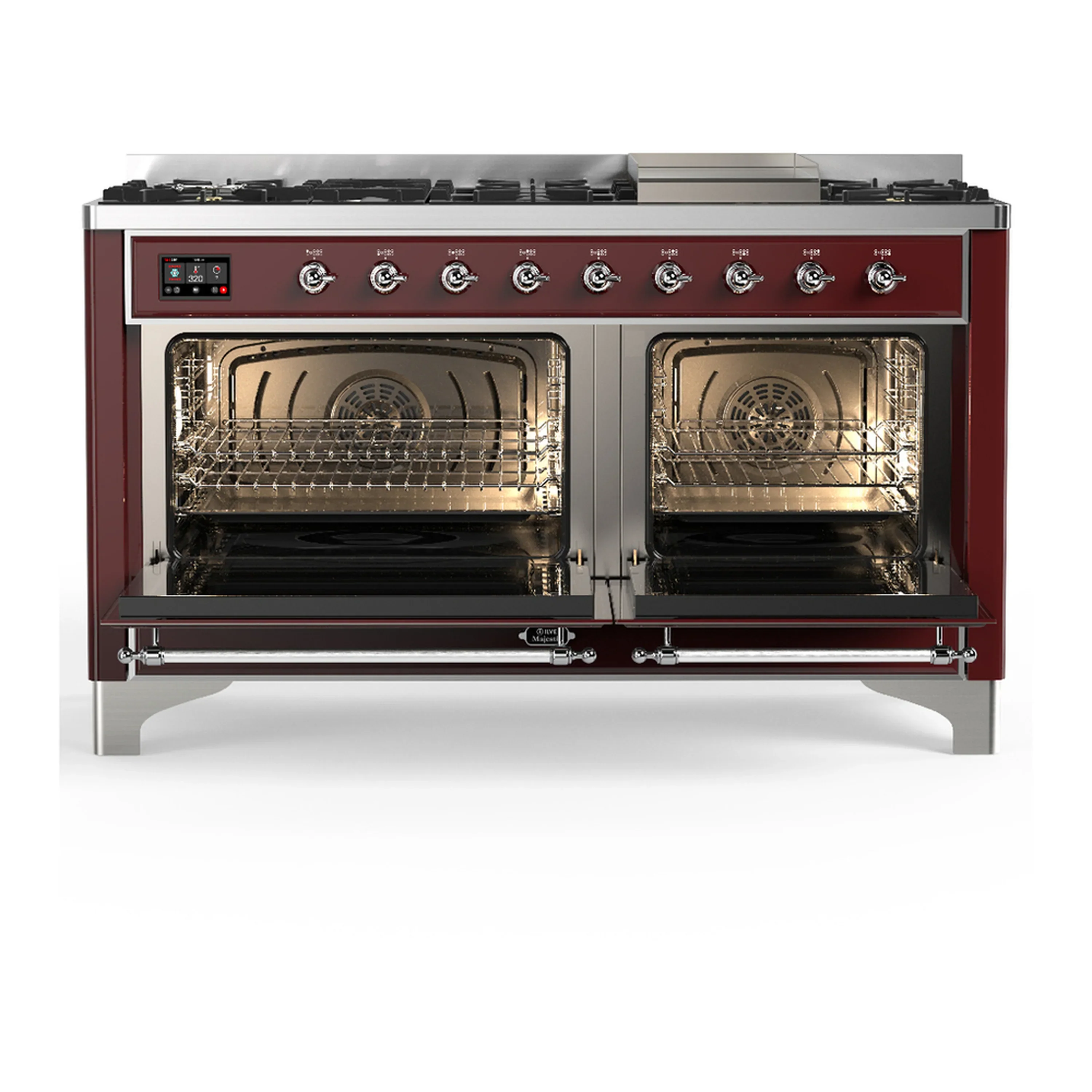 ILVE Majestic III 60-inch Dual Fuel Range with 7 Natural Gas Burner, Griddle and Solid Door Electric Oven in Burgundy with Chrome Trim (UM60FQNR3BUC) - Image 6