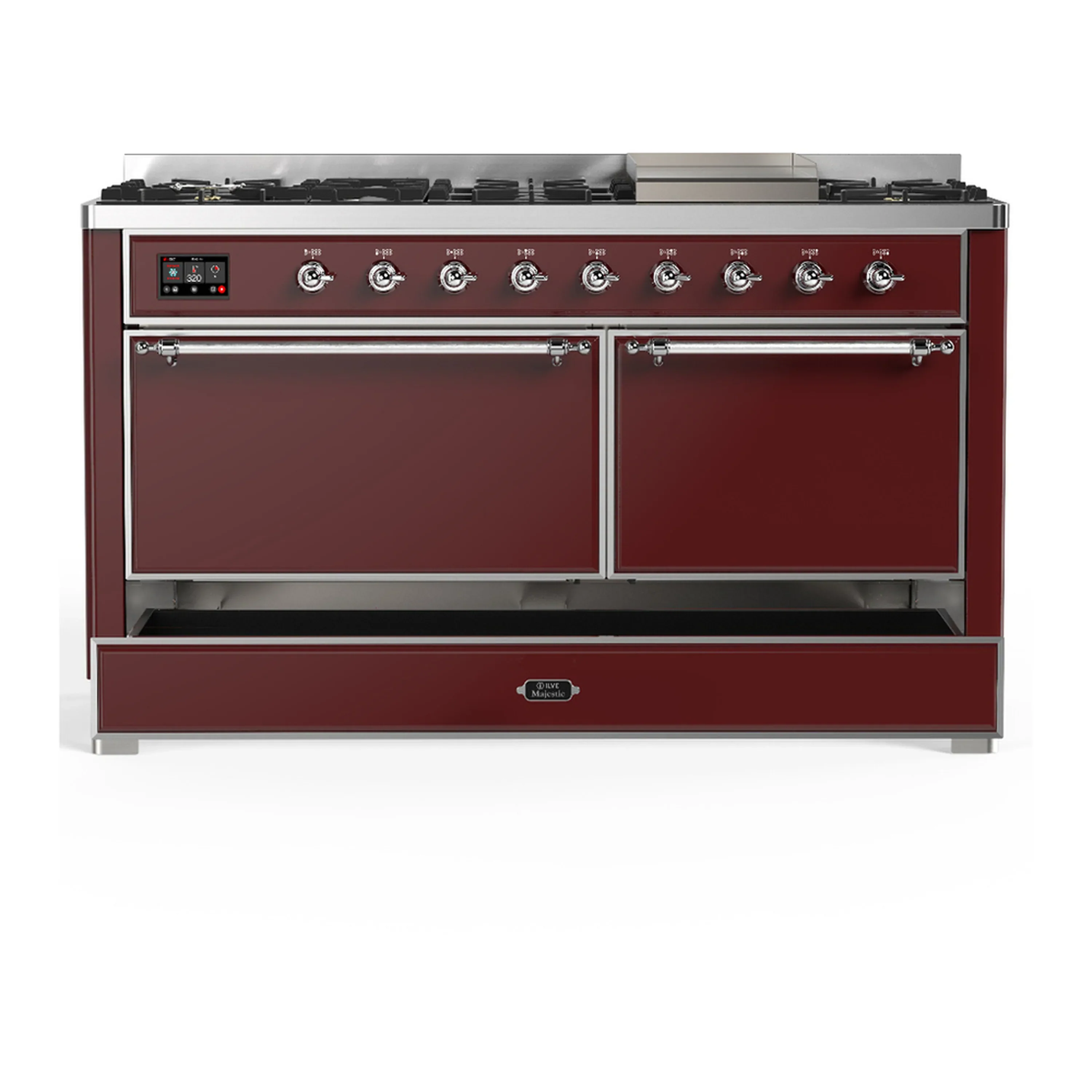 ILVE Majestic III 60-inch Dual Fuel Range with 5 Liquid Propane Burner, Griddle and Solid Door Electric Oven in Burgundy with Chrome Trim (UM60FQNR3BUCLP) - Image 3