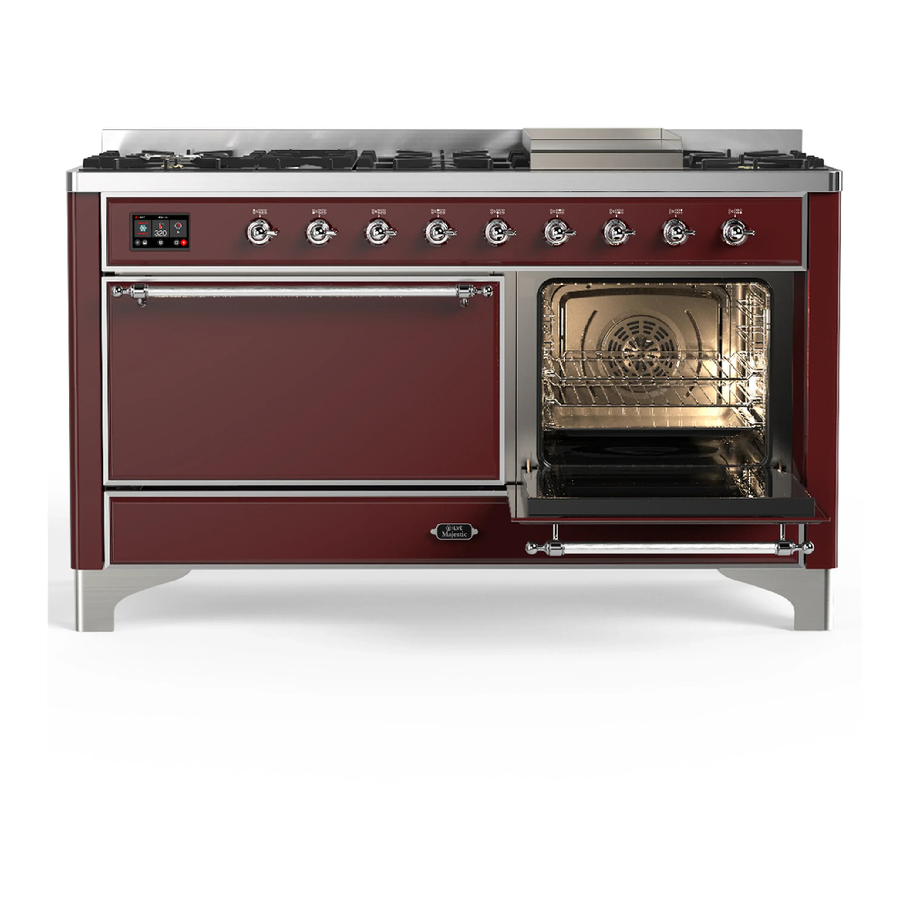 ILVE Majestic III 60-inch Dual Fuel Range with 5 Liquid Propane Burner, Griddle and Solid Door Electric Oven in Burgundy with Chrome Trim (UM60FQNR3BUCLP) - Image 4
