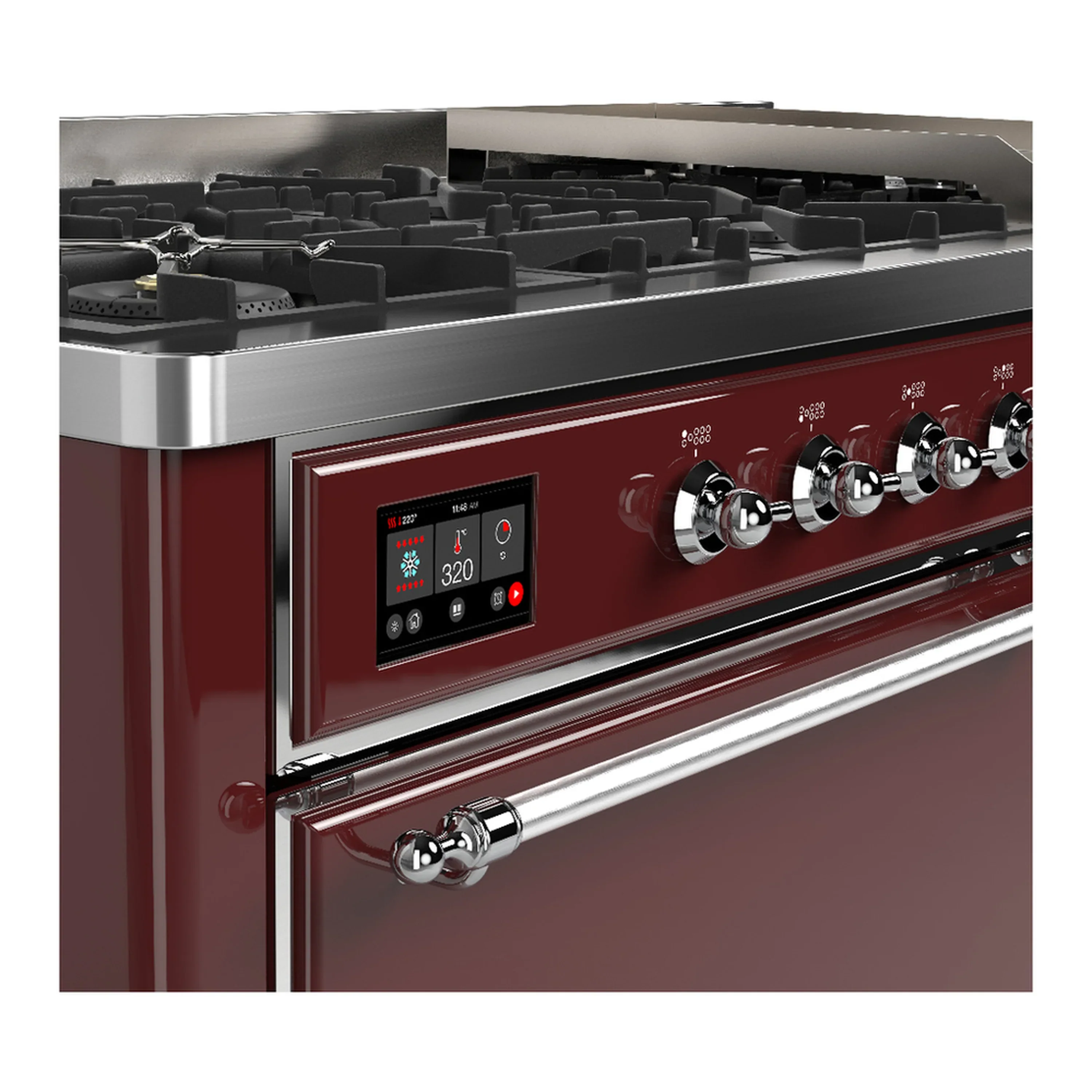 ILVE Majestic III 60-inch Dual Fuel Range with 5 Liquid Propane Burner, Griddle and Solid Door Electric Oven in Burgundy with Chrome Trim (UM60FQNR3BUCLP) - Image 7