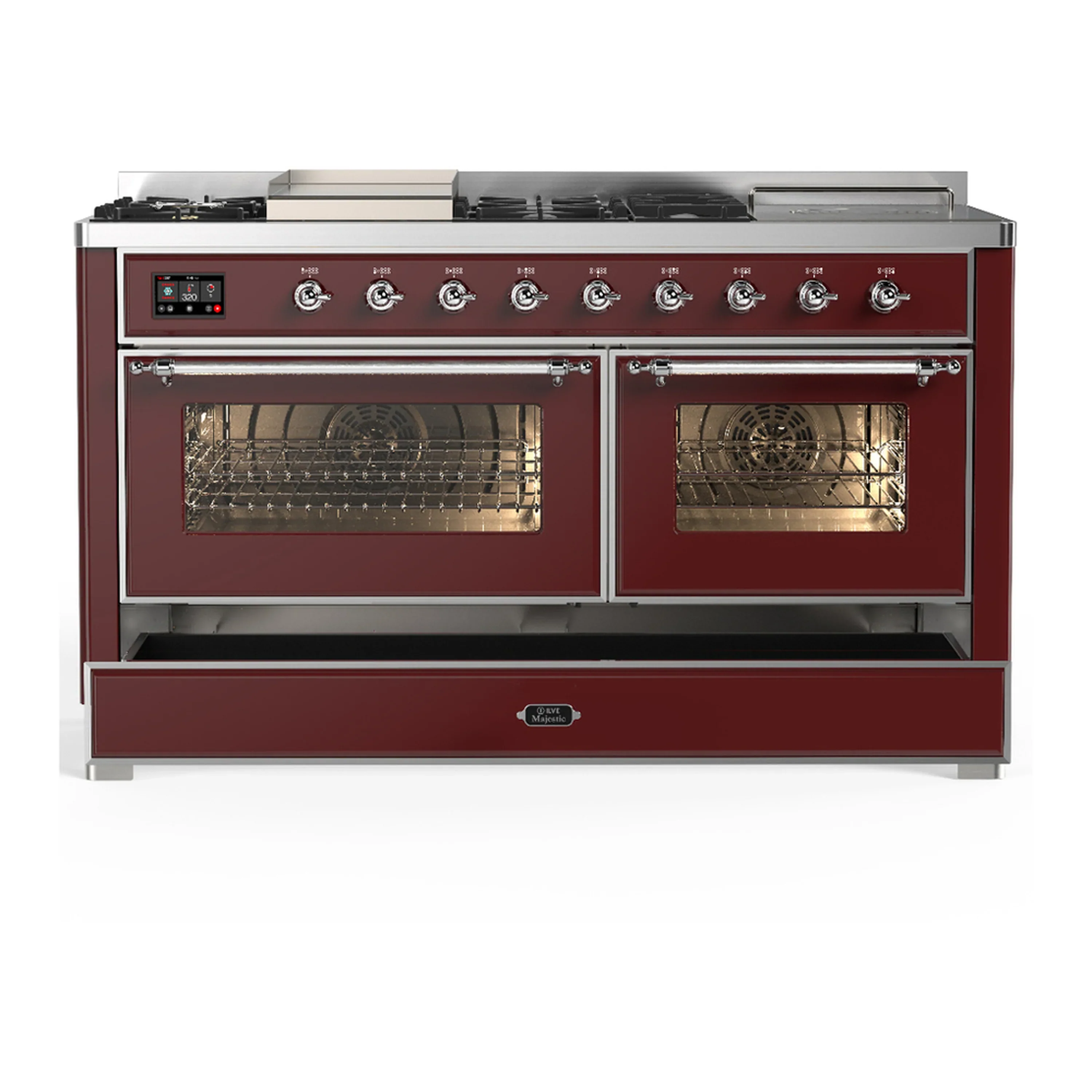 ILVE Majestic III 60-inch Dual Fuel Range with 7 Natural Gas Burner, Griddle, French Top and Triple Glass Door Electric Oven in Burgundy with Chrome Trim (UM60FSNR3BUC) - Image 3